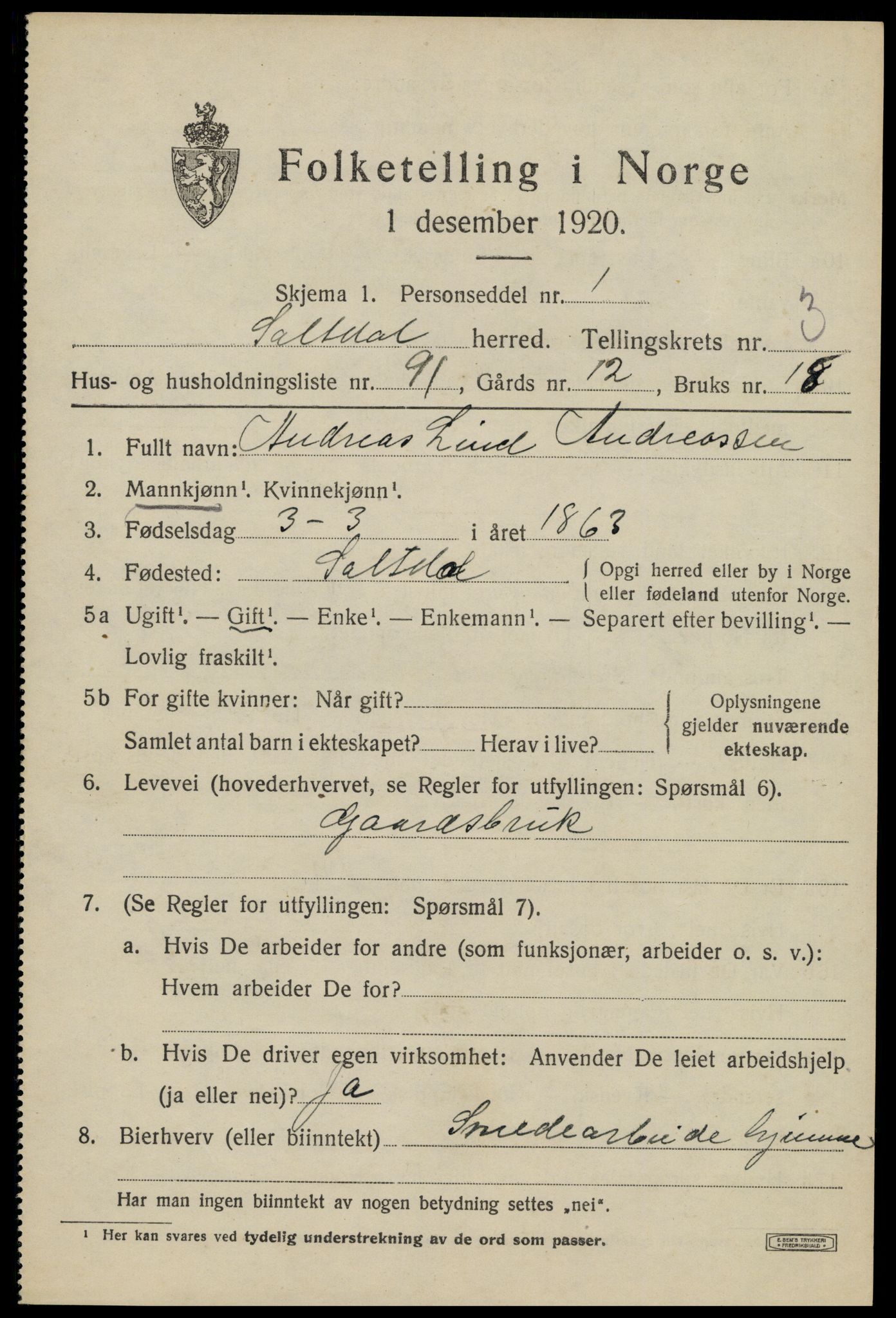 SAT, 1920 census for Saltdal, 1920, p. 5583