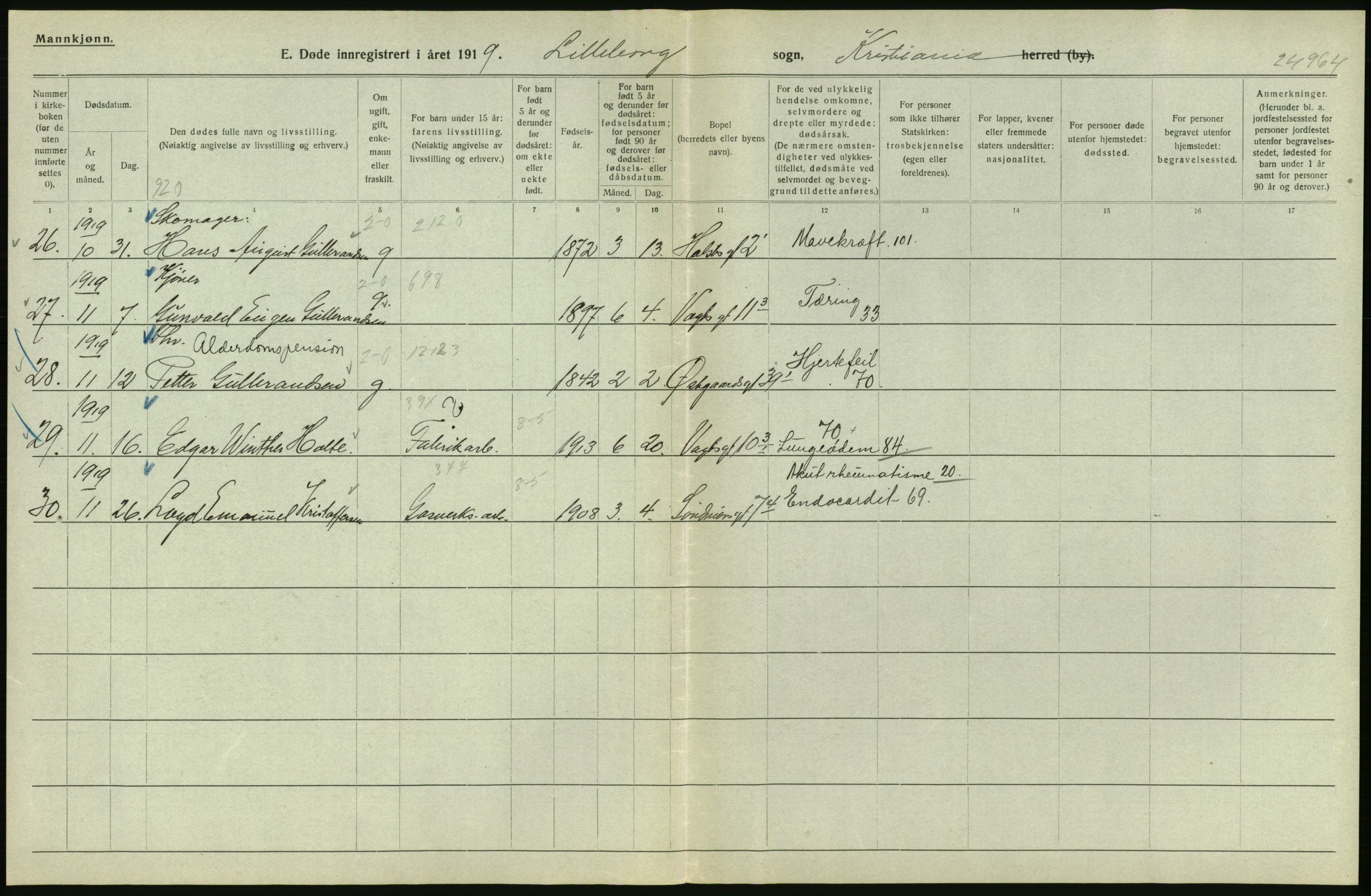 Statistisk sentralbyrå, Sosiodemografiske emner, Befolkning, AV/RA-S-2228/D/Df/Dfb/Dfbi/L0010: Kristiania: Døde, 1919, p. 244