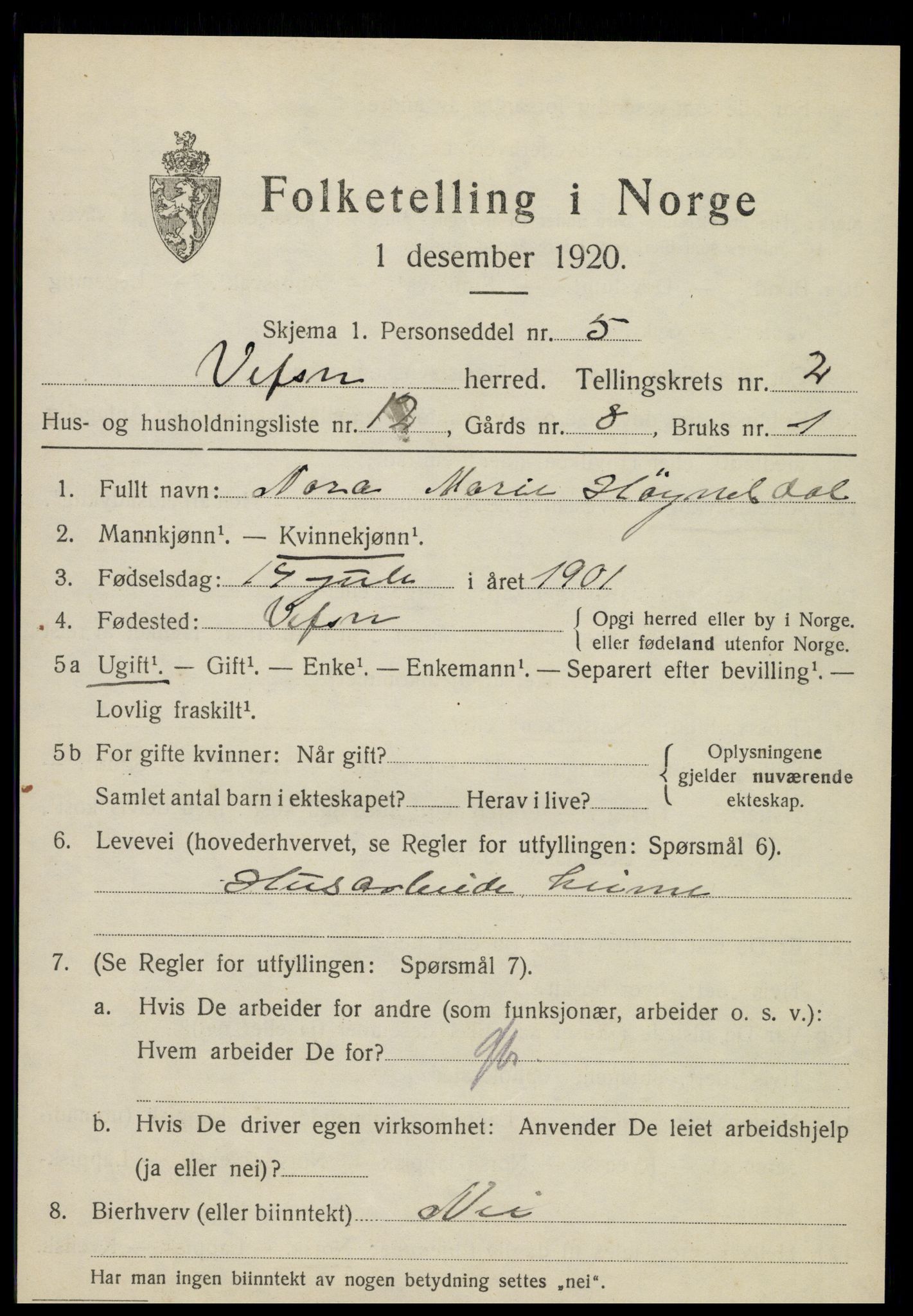 SAT, 1920 census for Vefsn, 1920, p. 2007