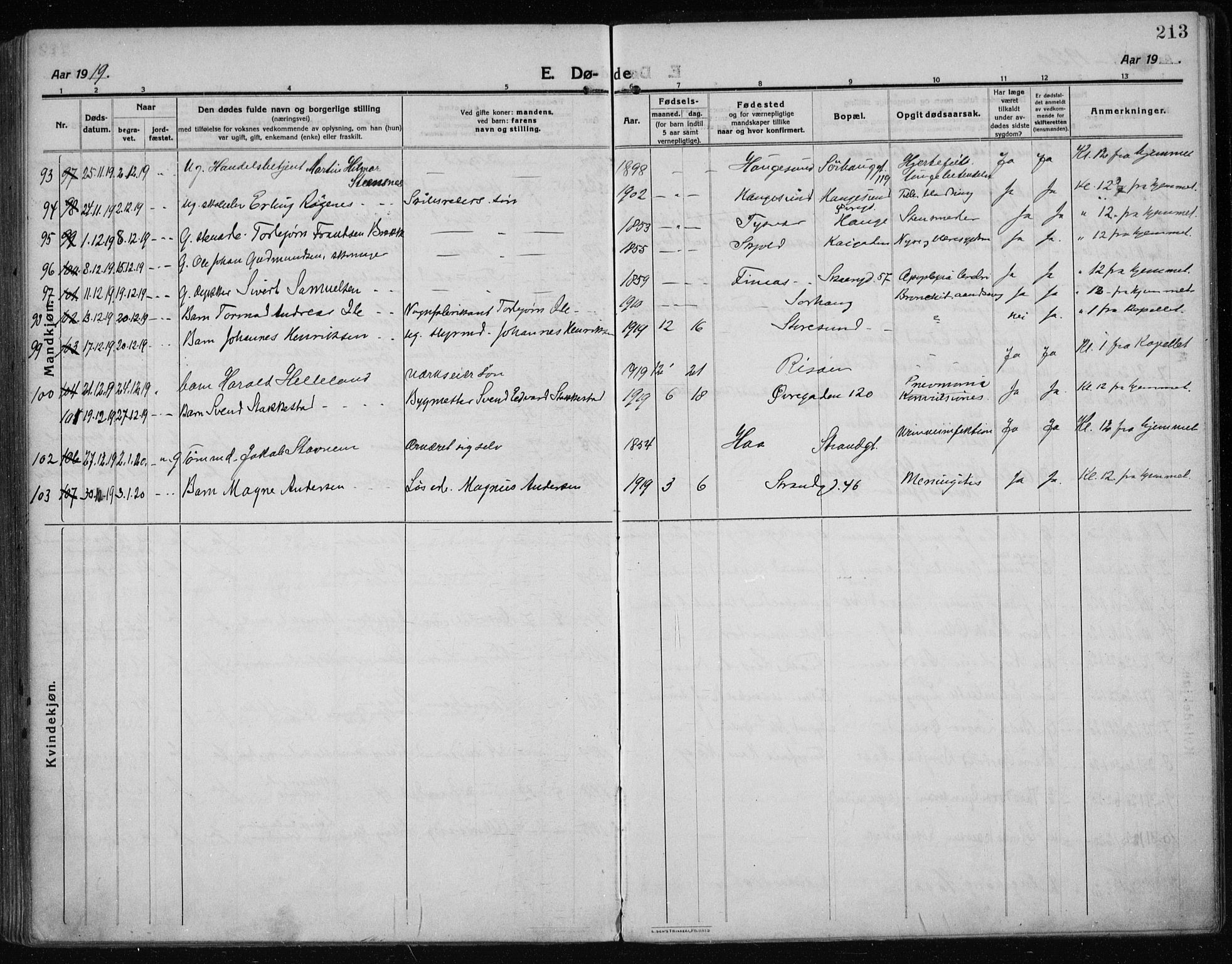 Haugesund sokneprestkontor, AV/SAST-A -101863/H/Ha/Haa/L0009: Parish register (official) no. A 9, 1914-1929, p. 213