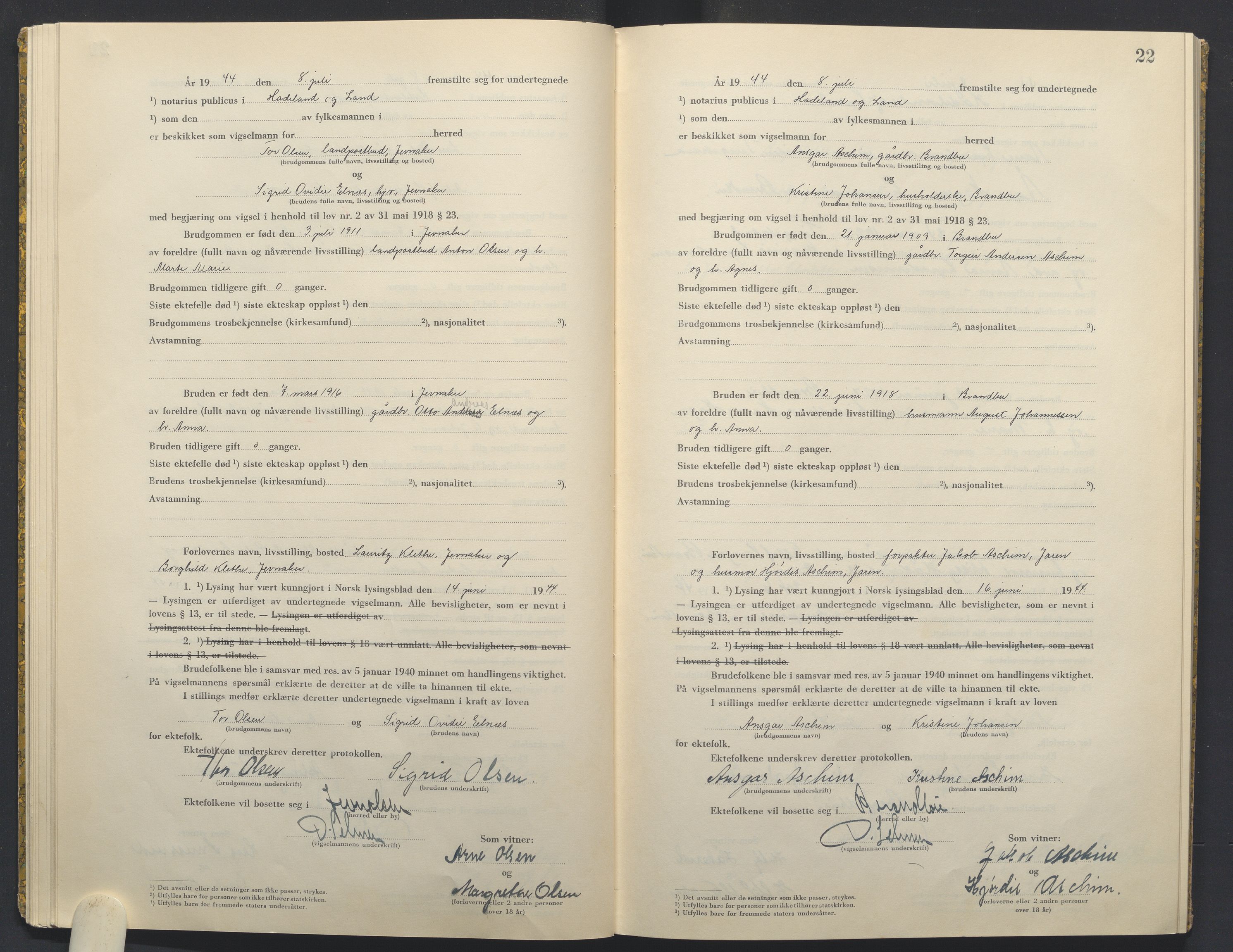 Hadeland og Land tingrett, AV/SAH-TING-010/L/Lb/L0003: Vigselbok, 1944-1946, p. 22