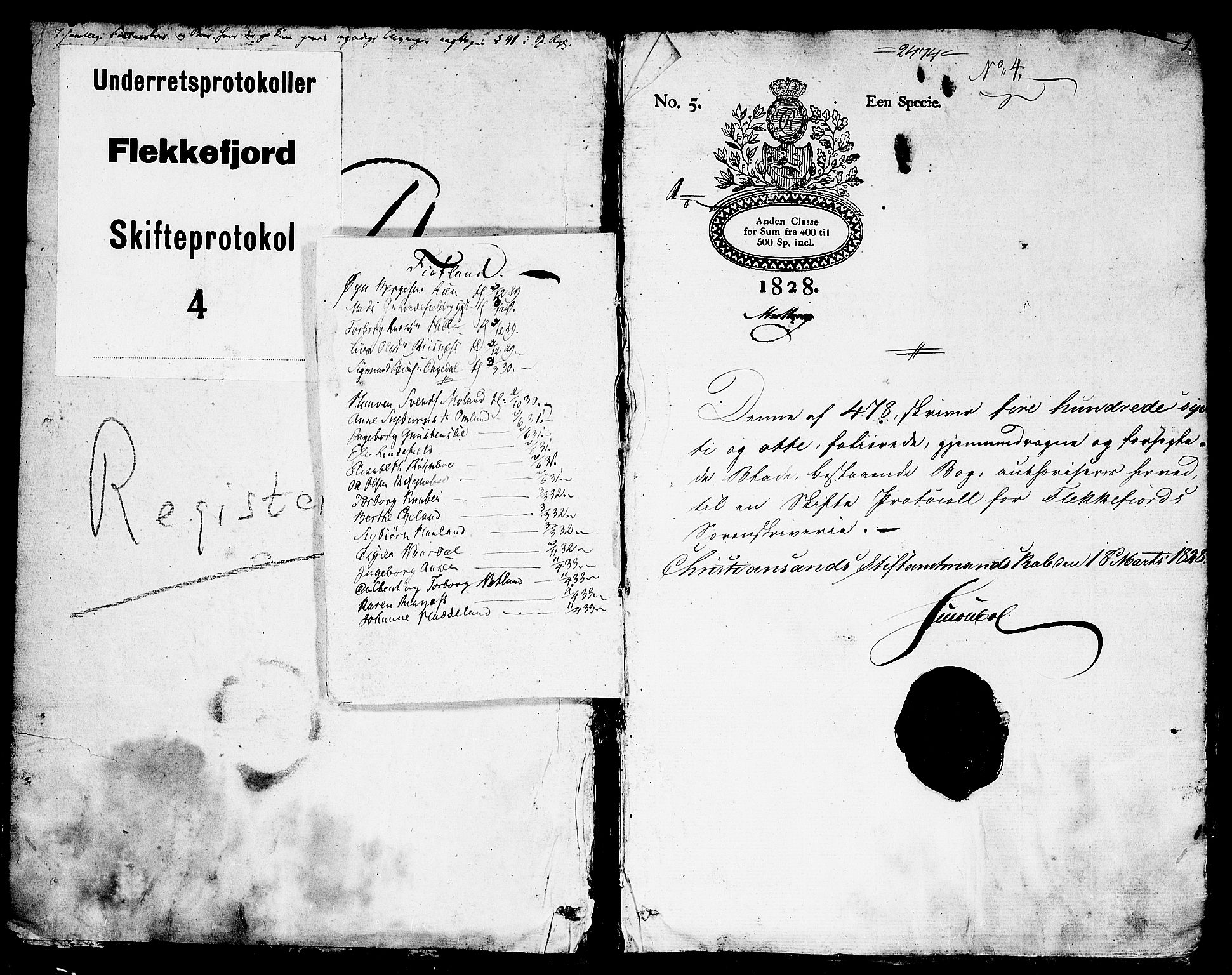 Flekkefjord sorenskriveri, SAK/1221-0001/H/Hc/L0010: Skifteprotokoll nr. 4, med gårdsnavn- og personnavnregister, 1828-1835, p. 0b-1a