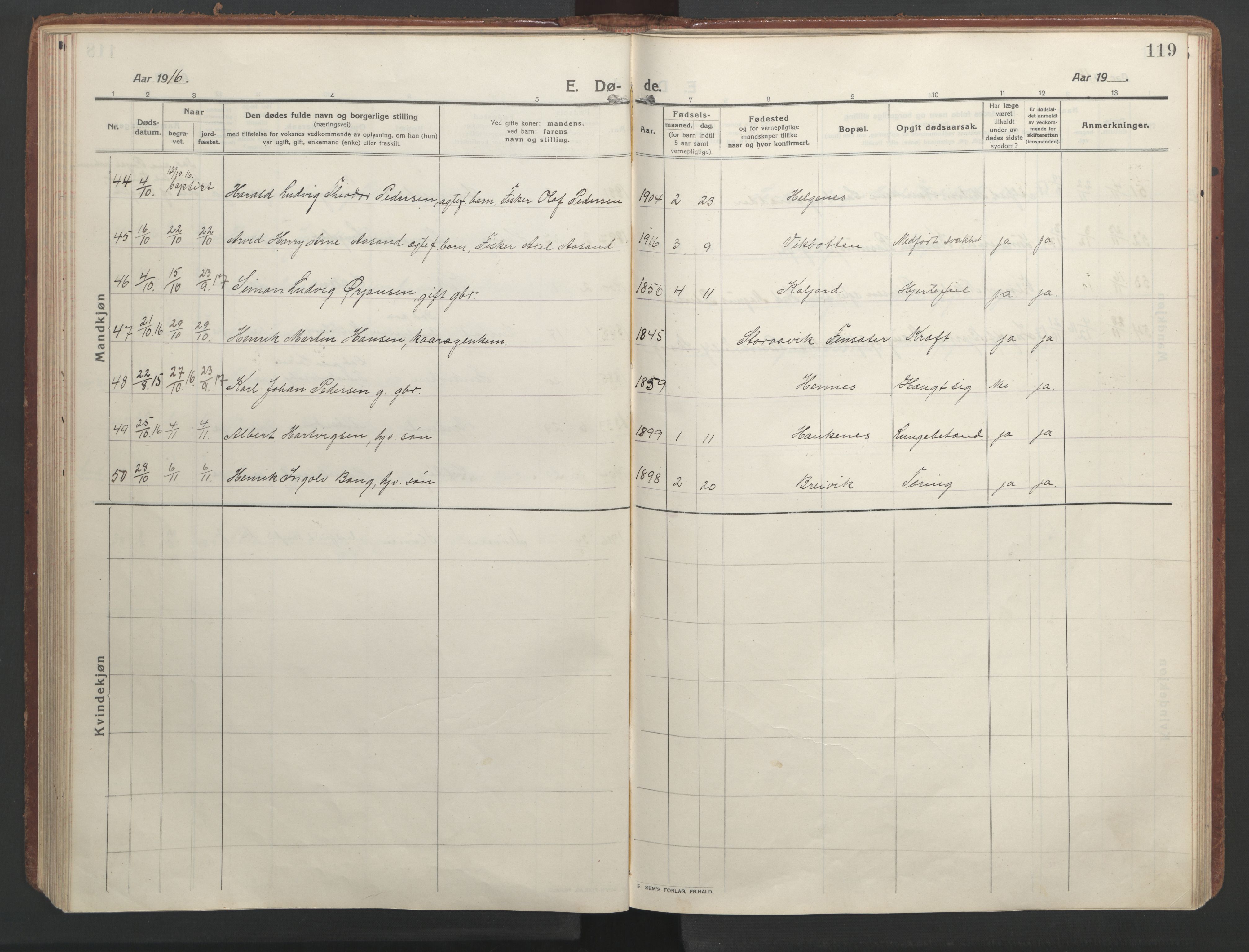 Ministerialprotokoller, klokkerbøker og fødselsregistre - Nordland, SAT/A-1459/888/L1251: Parish register (official) no. 888A17, 1913-1925, p. 119