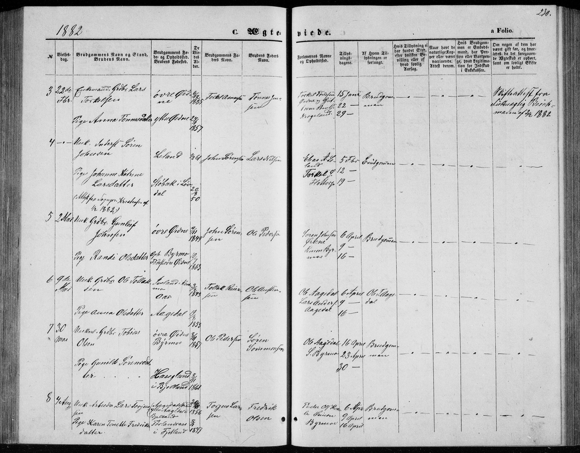 Bjelland sokneprestkontor, SAK/1111-0005/F/Fb/Fbc/L0002: Parish register (copy) no. B 2, 1867-1887, p. 230
