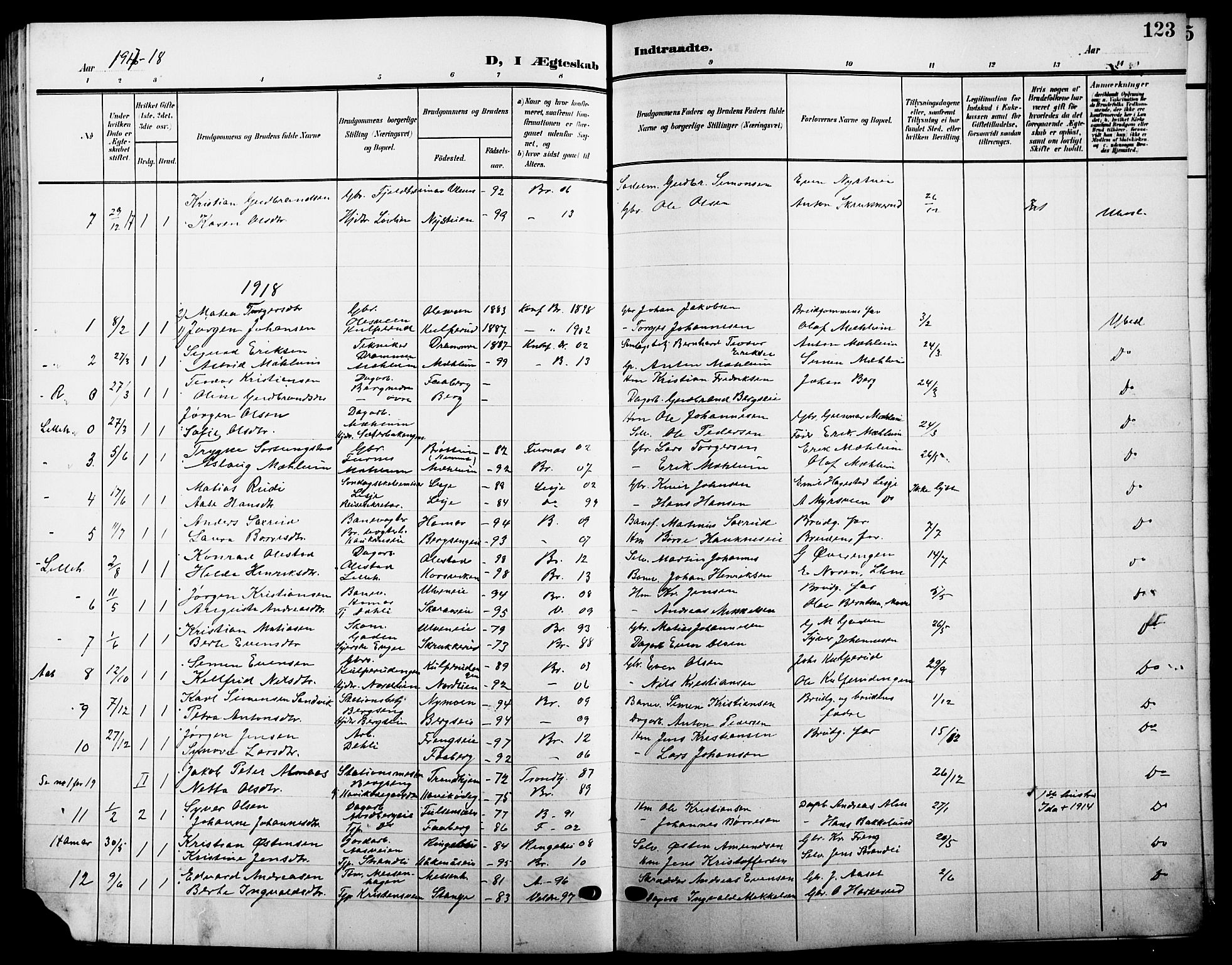 Ringsaker prestekontor, SAH/PREST-014/L/La/L0016: Parish register (copy) no. 16, 1905-1920, p. 123