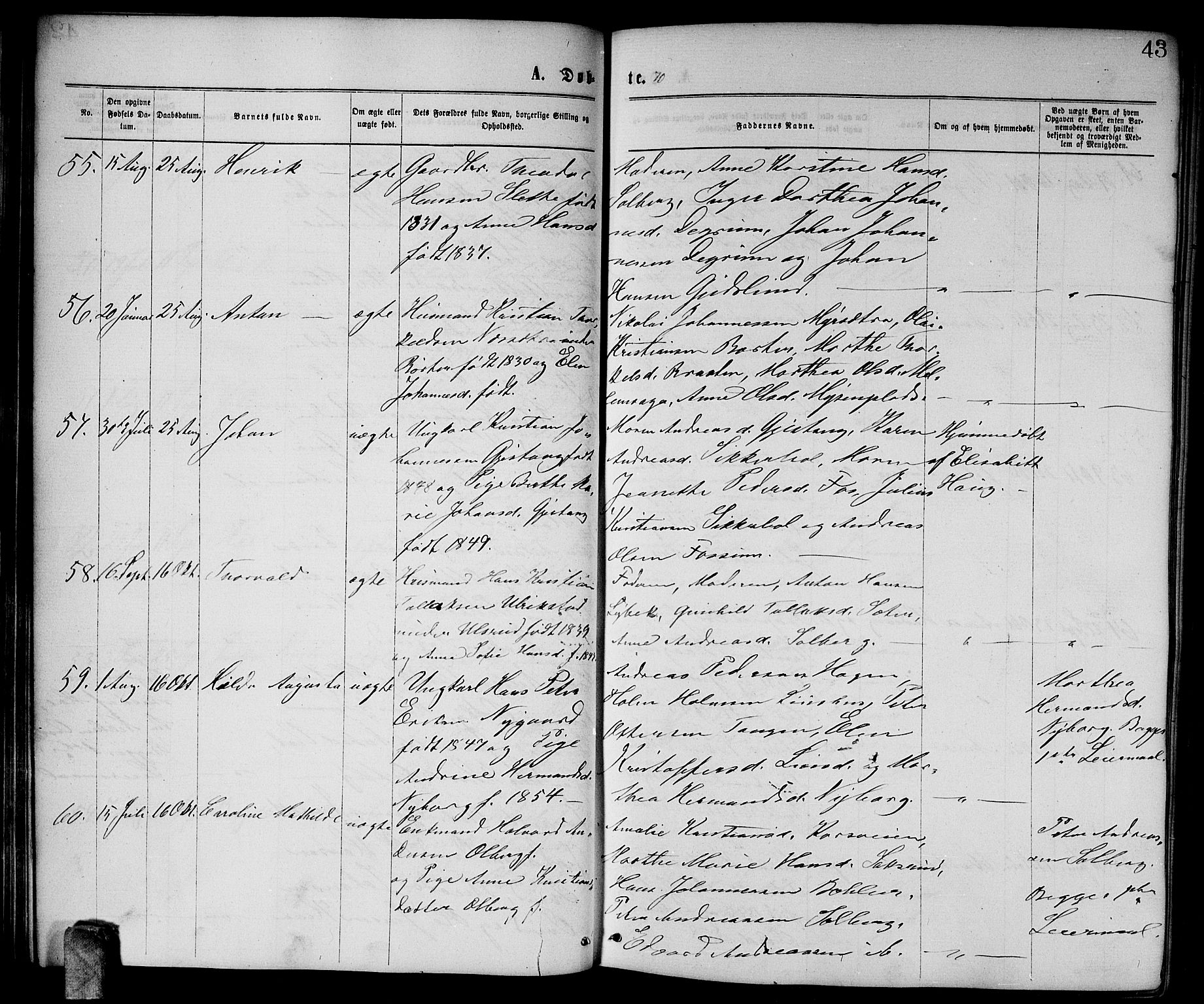 Enebakk prestekontor Kirkebøker, AV/SAO-A-10171c/G/Ga/L0005: Parish register (copy) no. I 5, 1867-1888, p. 43