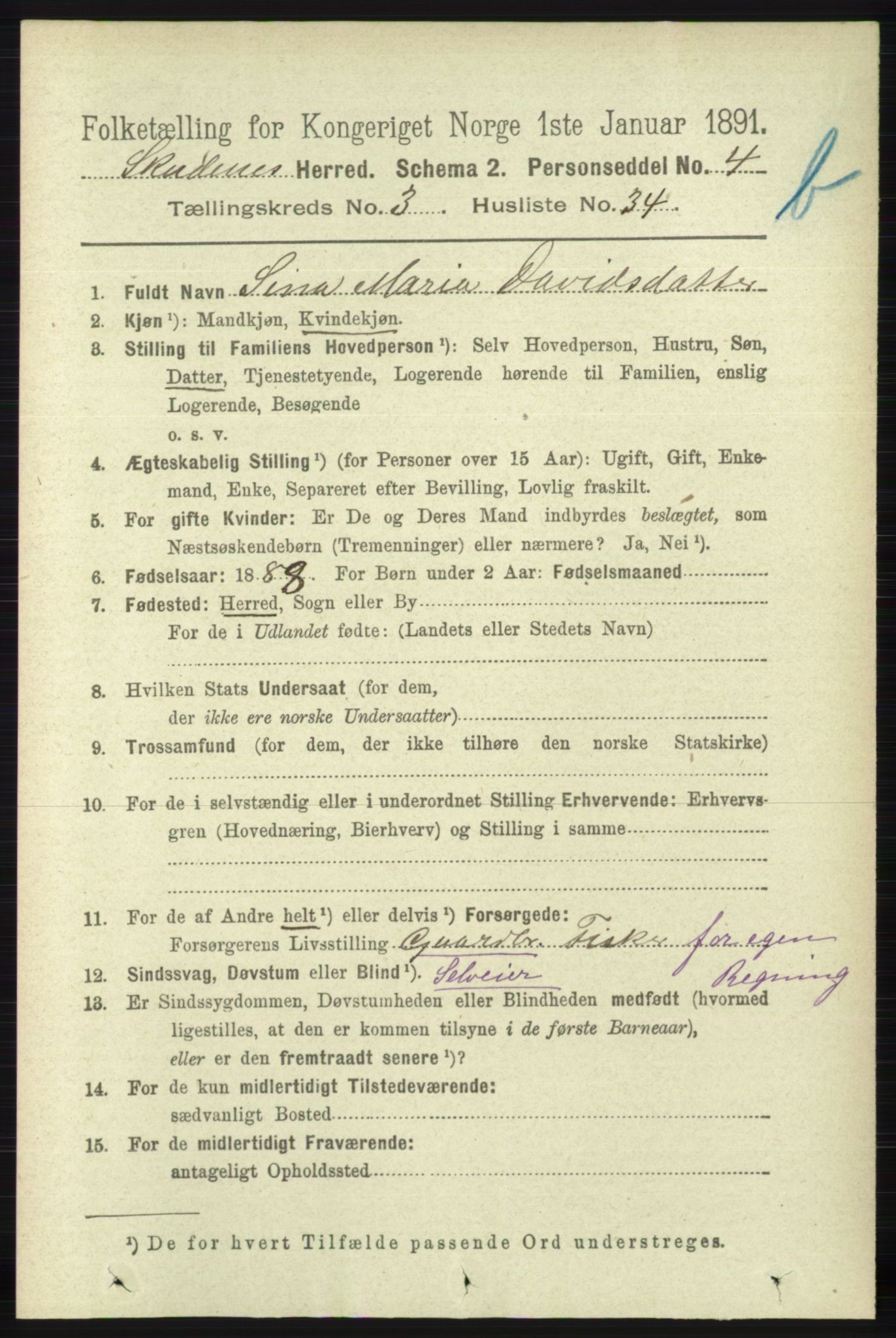 RA, 1891 census for 1150 Skudenes, 1891, p. 4177