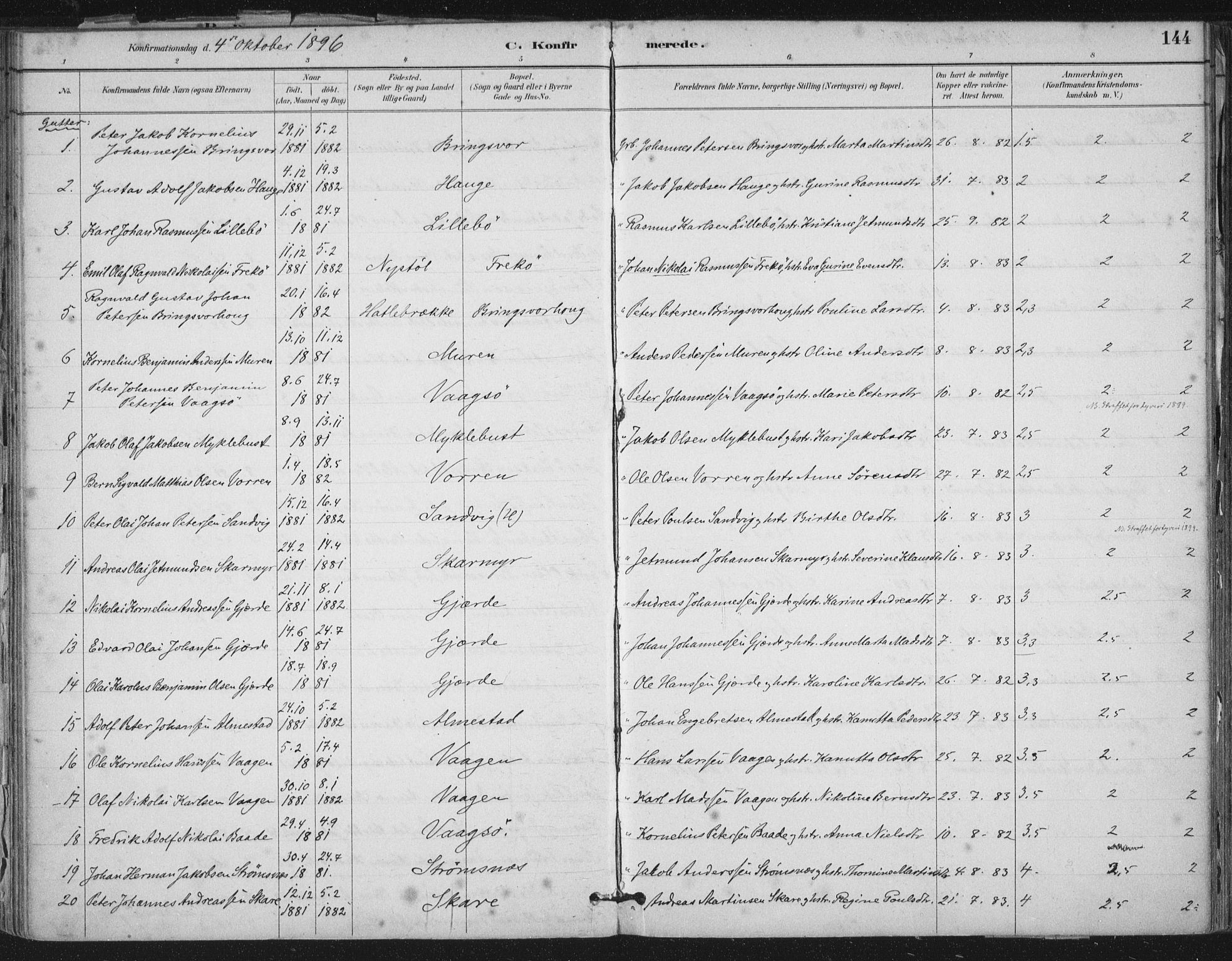 Ministerialprotokoller, klokkerbøker og fødselsregistre - Møre og Romsdal, SAT/A-1454/503/L0037: Parish register (official) no. 503A05, 1884-1900, p. 144
