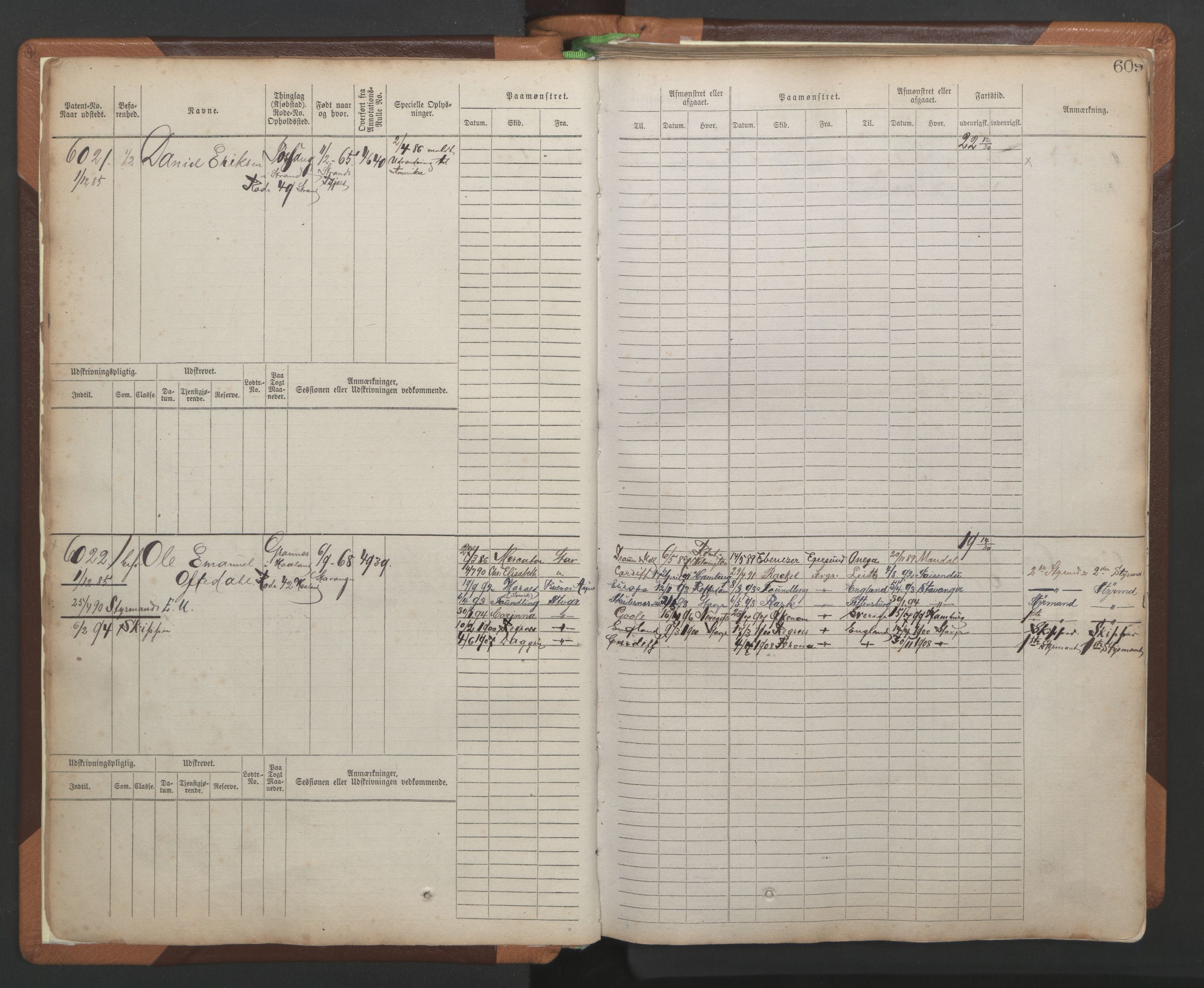 Stavanger sjømannskontor, AV/SAST-A-102006/F/Fb/Fbb/L0010: Sjøfartshovedrulle, patentnr. 6007-6606 (del 1), 1887-1896, p. 13