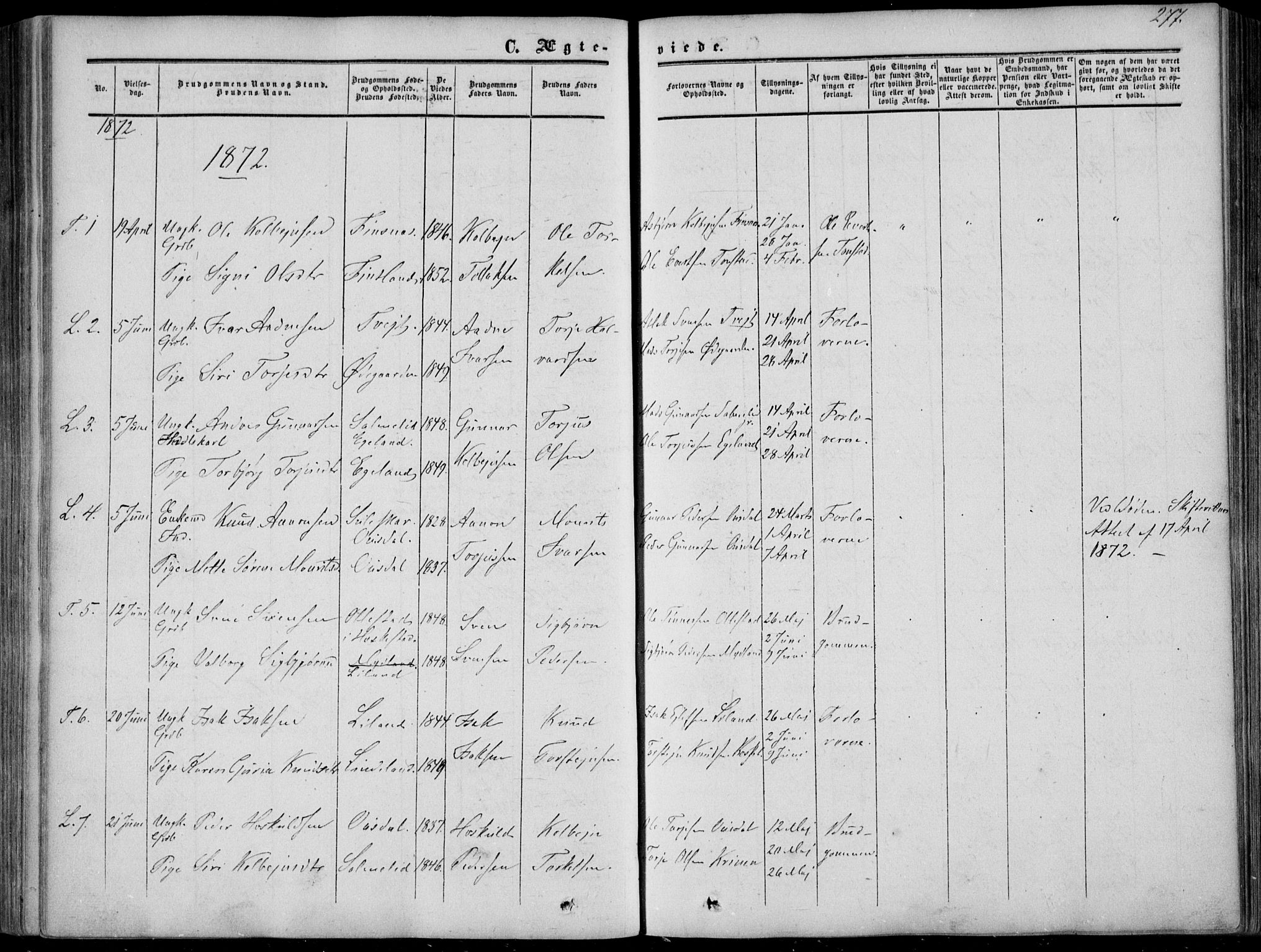 Sirdal sokneprestkontor, SAK/1111-0036/F/Fa/Fab/L0002: Parish register (official) no. A 2, 1855-1874, p. 277