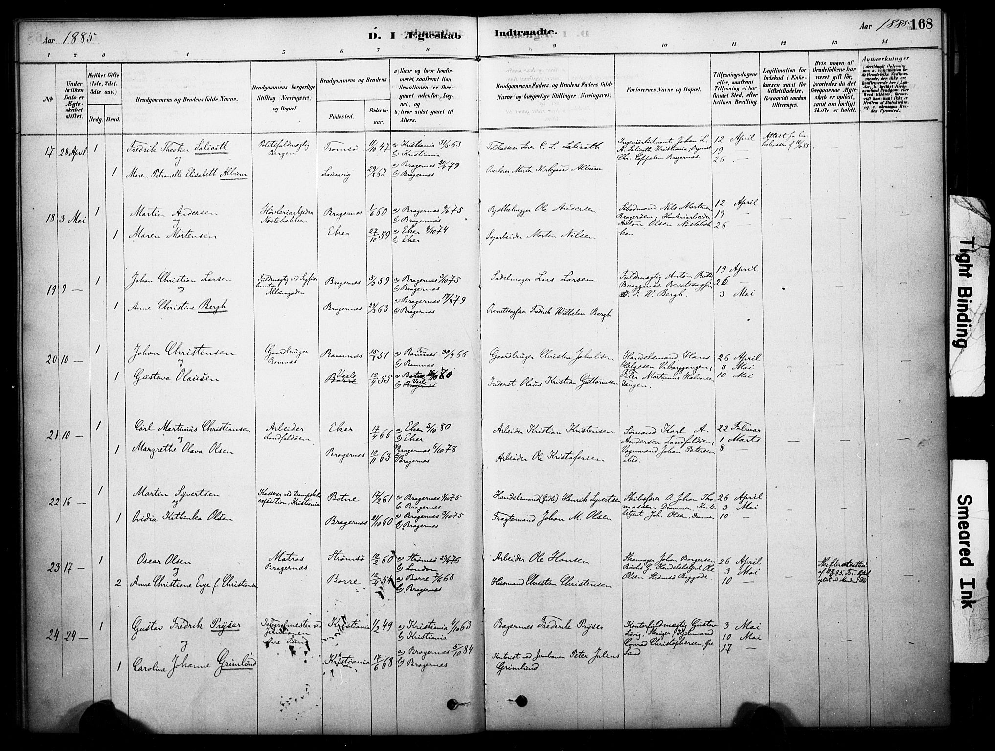 Bragernes kirkebøker, SAKO/A-6/F/Fc/L0005: Parish register (official) no. III 5, 1878-1890, p. 168