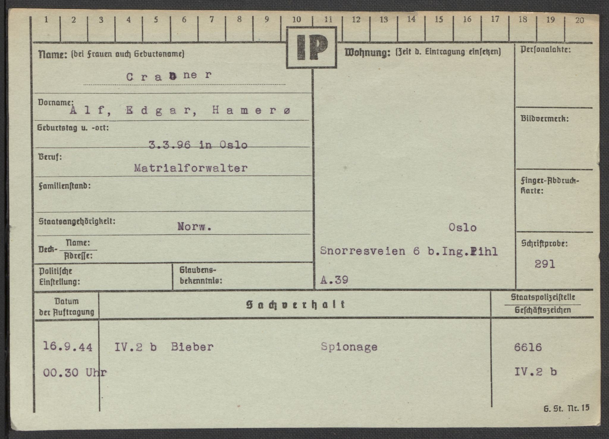 Befehlshaber der Sicherheitspolizei und des SD, RA/RAFA-5969/E/Ea/Eaa/L0002: Register over norske fanger i Møllergata 19: Bj-Eng, 1940-1945, p. 845