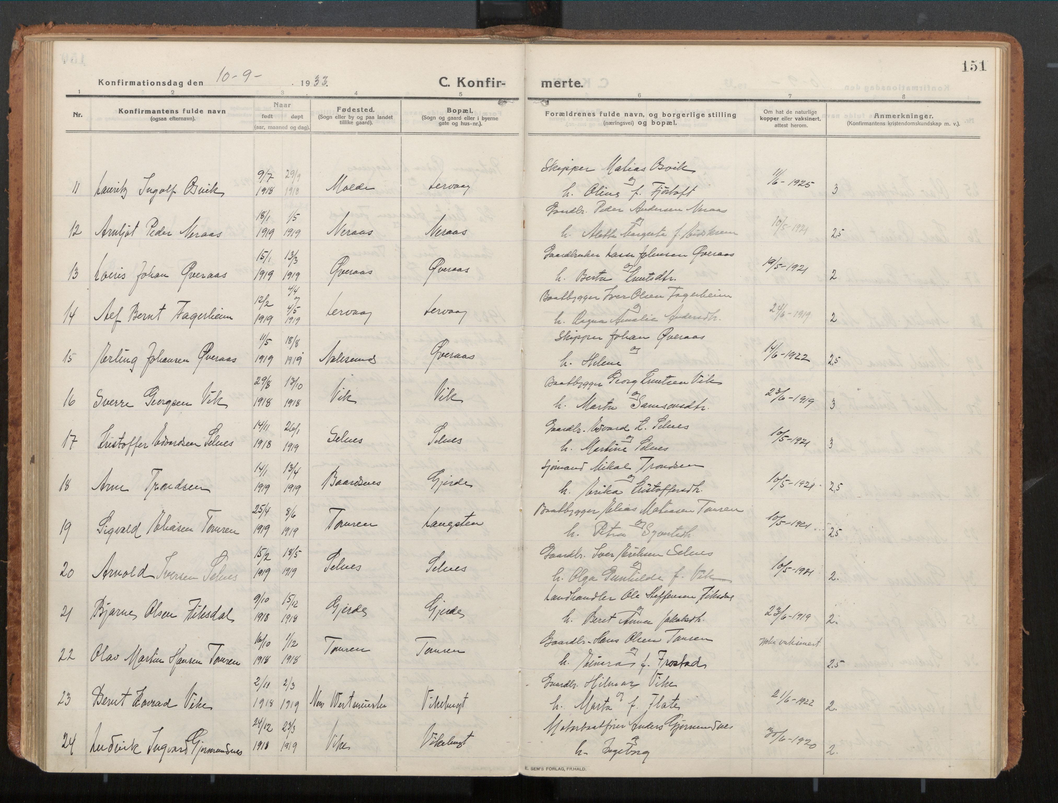 Ministerialprotokoller, klokkerbøker og fødselsregistre - Møre og Romsdal, AV/SAT-A-1454/539/L0534a: Parish register (official) no. 539A08, 1912-1935, p. 151