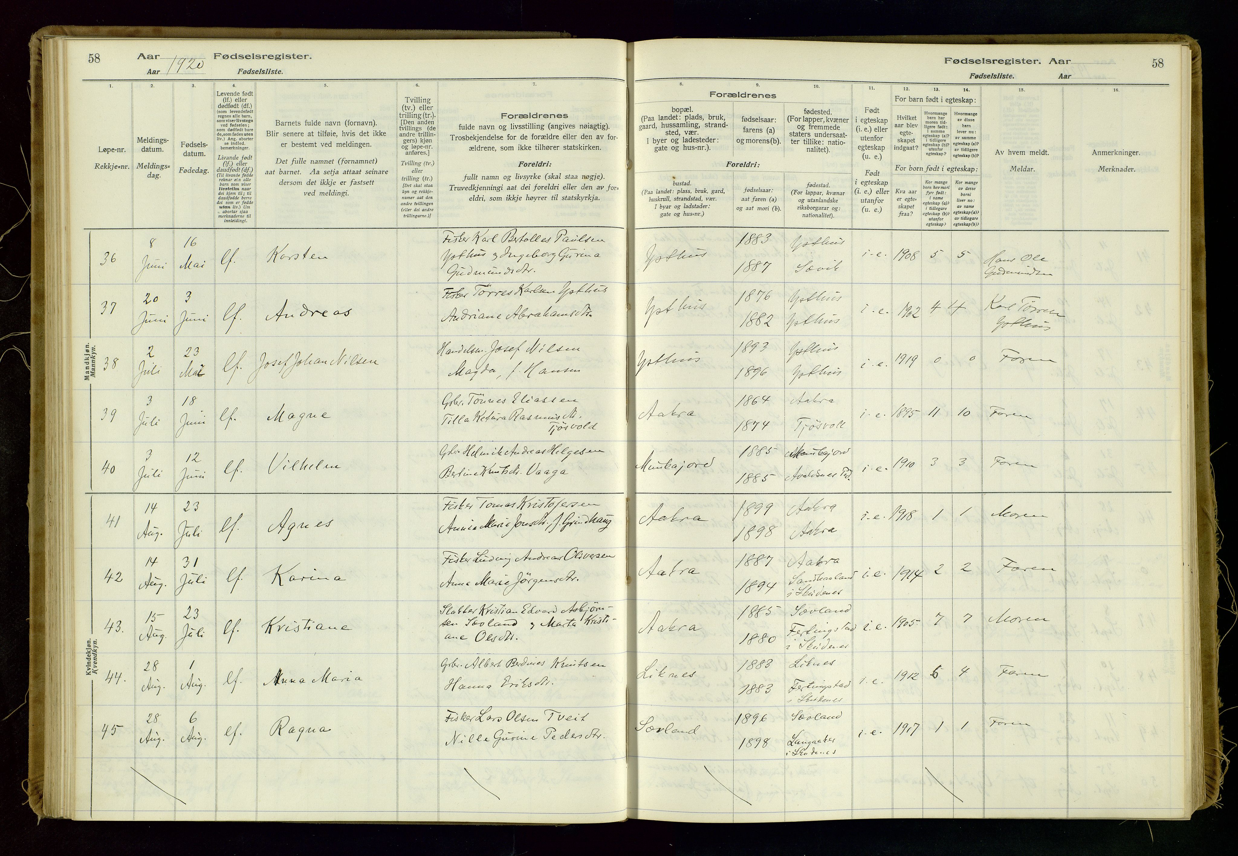 Kopervik sokneprestkontor, AV/SAST-A-101850/I/Id/L0006: Birth register no. 6, 1916-1934, p. 58