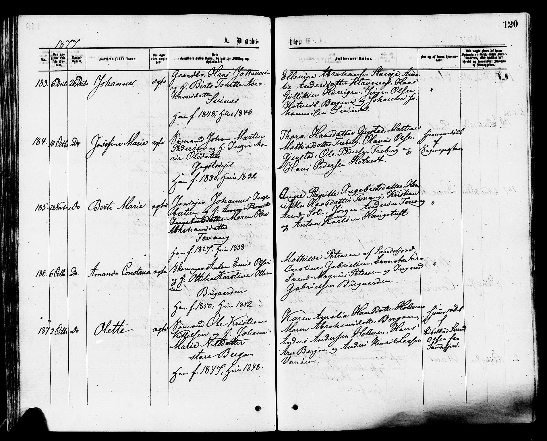 Sandar kirkebøker, SAKO/A-243/F/Fa/L0010: Parish register (official) no. 10, 1872-1882, p. 120