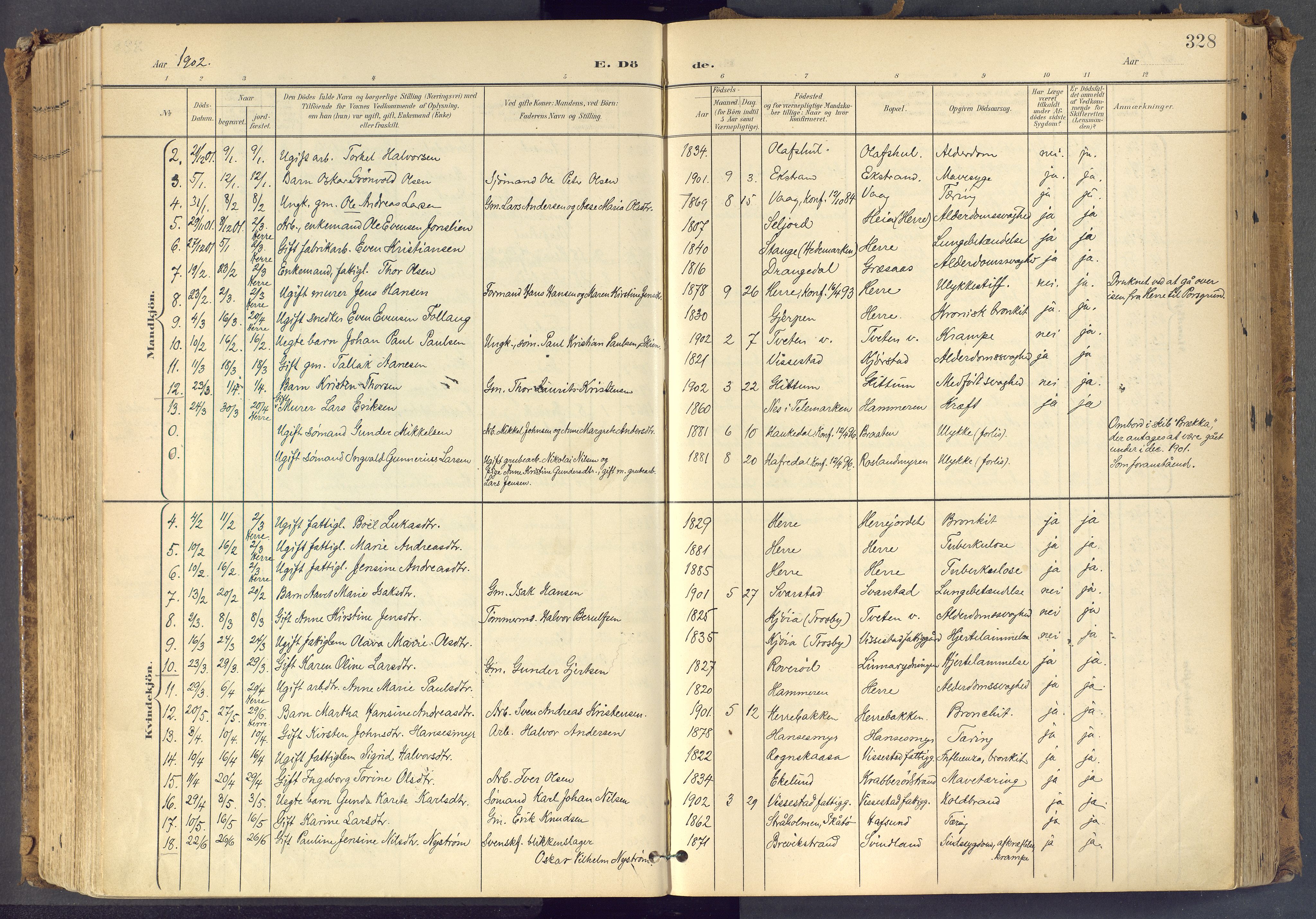 Bamble kirkebøker, SAKO/A-253/F/Fa/L0009: Parish register (official) no. I 9, 1901-1917, p. 328