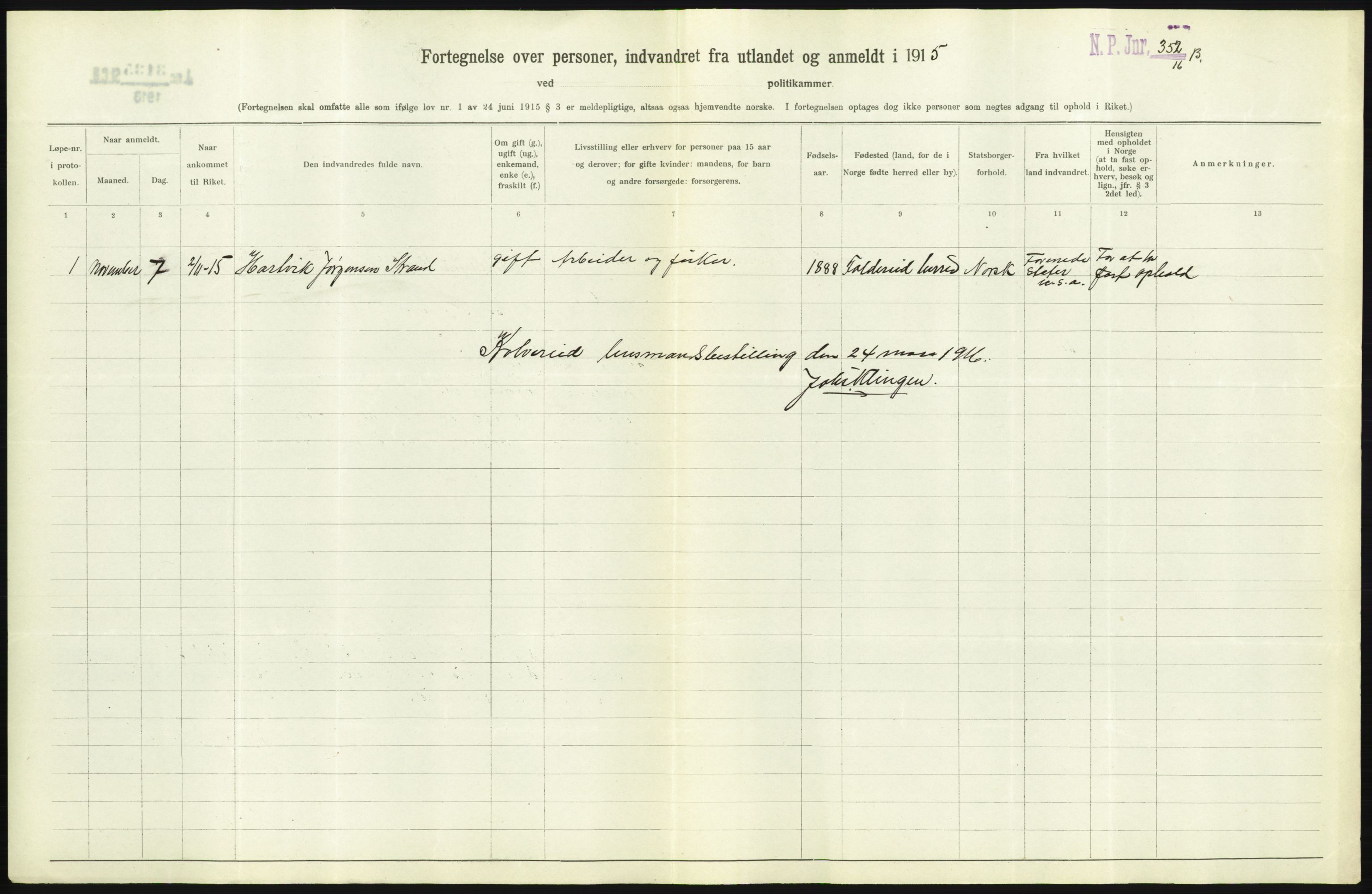 Statistisk sentralbyrå, Sosioøkonomiske emner, Folketellinger, boliger og boforhold, AV/RA-S-2231/F/Fa/L0001: Innvandring. Navn/fylkesvis, 1915, p. 562