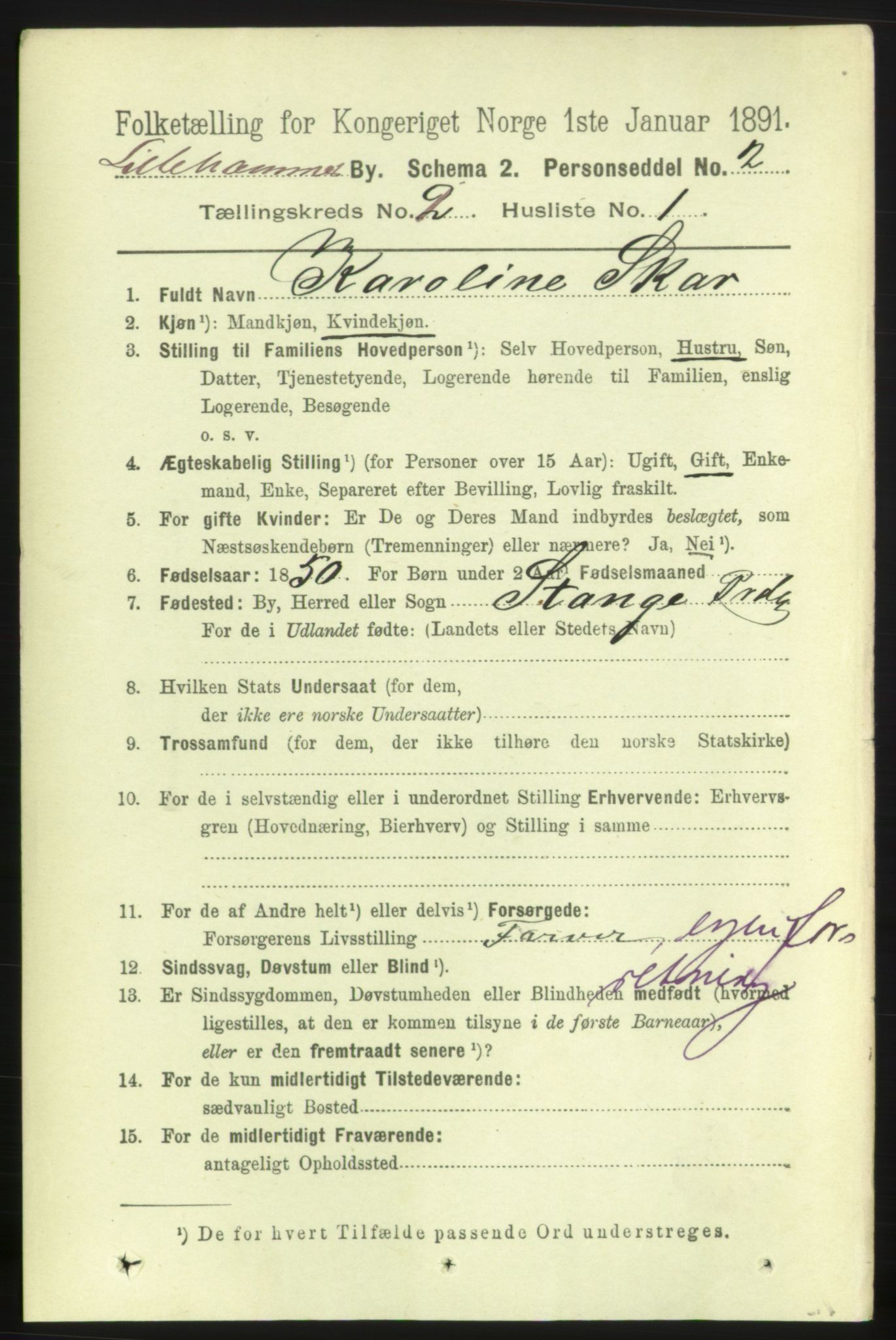 RA, 1891 census for 0501 Lillehammer, 1891, p. 1279