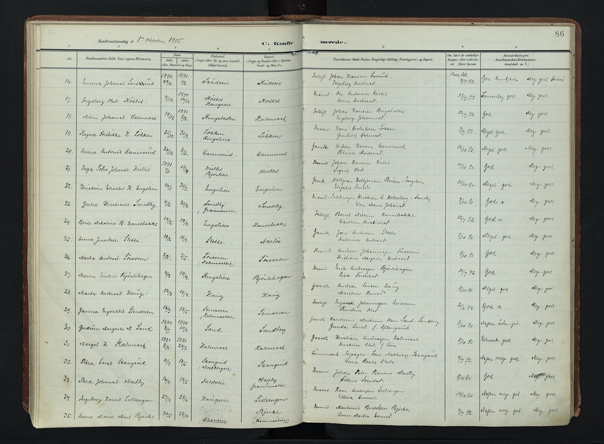 Søndre Land prestekontor, SAH/PREST-122/K/L0007: Parish register (official) no. 7, 1905-1914, p. 86