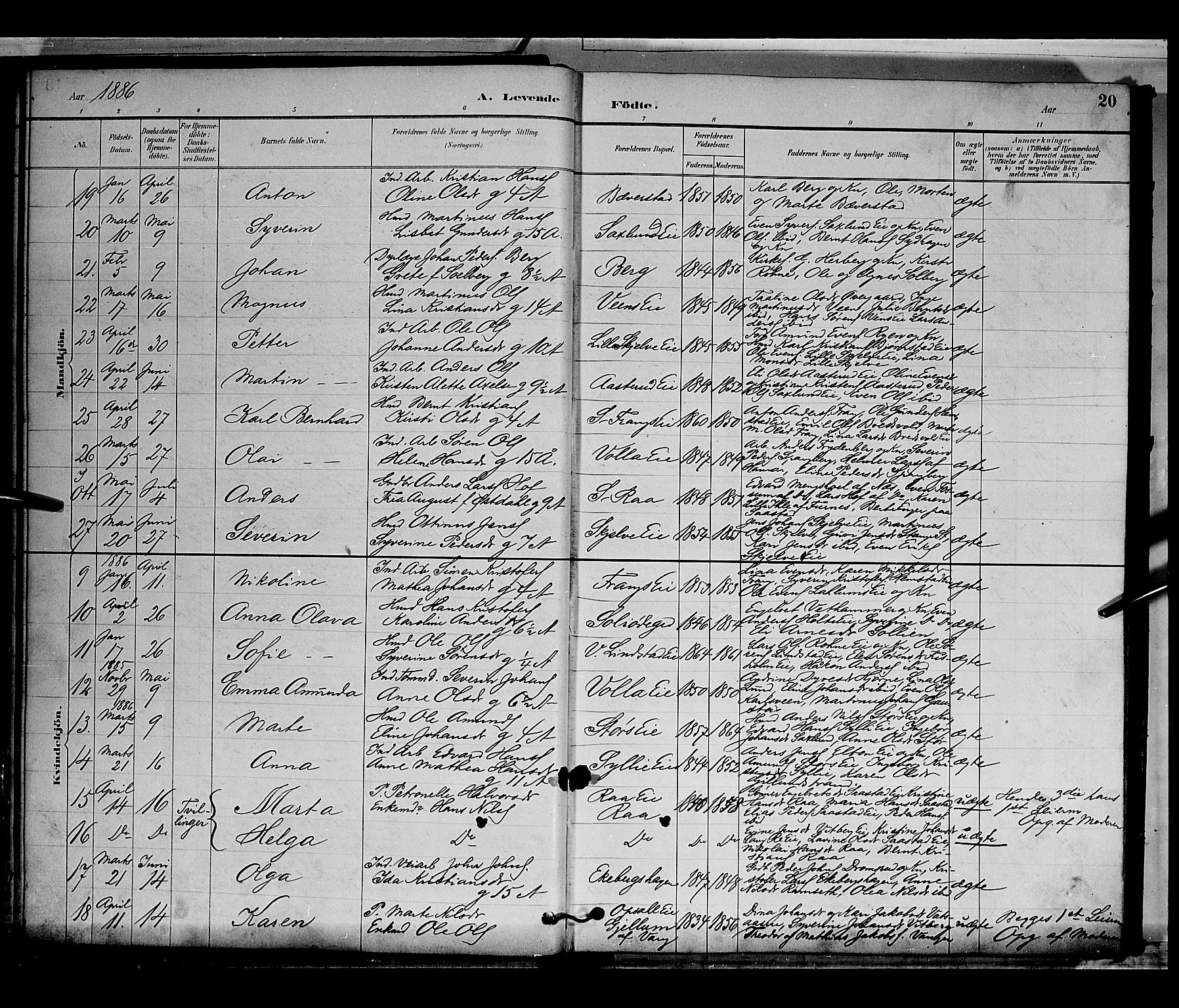 Stange prestekontor, AV/SAH-PREST-002/L/L0009: Parish register (copy) no. 9, 1883-1899, p. 20