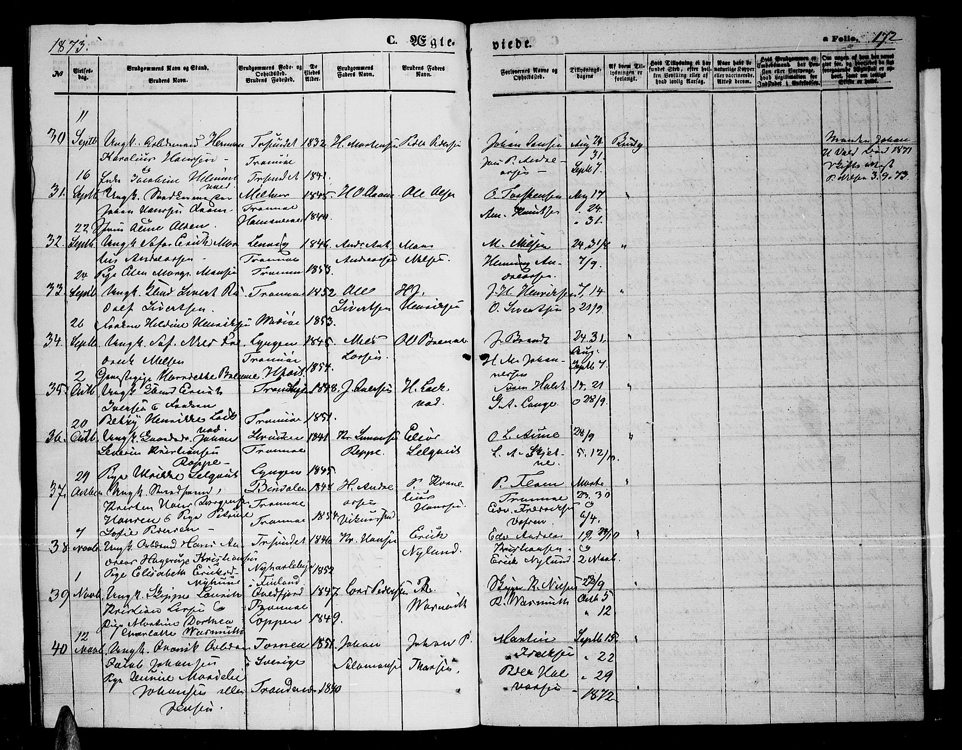 Tromsø sokneprestkontor/stiftsprosti/domprosti, AV/SATØ-S-1343/G/Gb/L0007klokker: Parish register (copy) no. 7, 1867-1875, p. 172