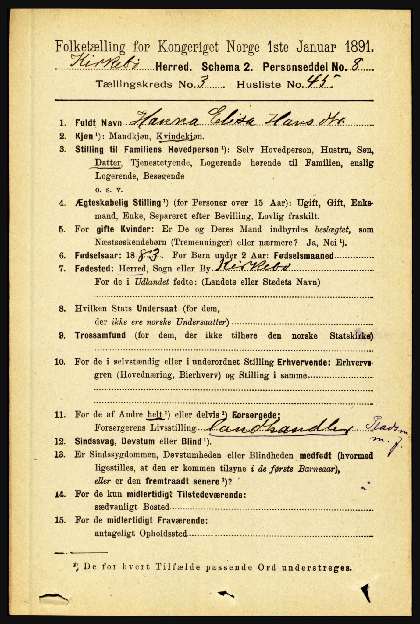 RA, 1891 census for 1416 Kyrkjebø, 1891, p. 831