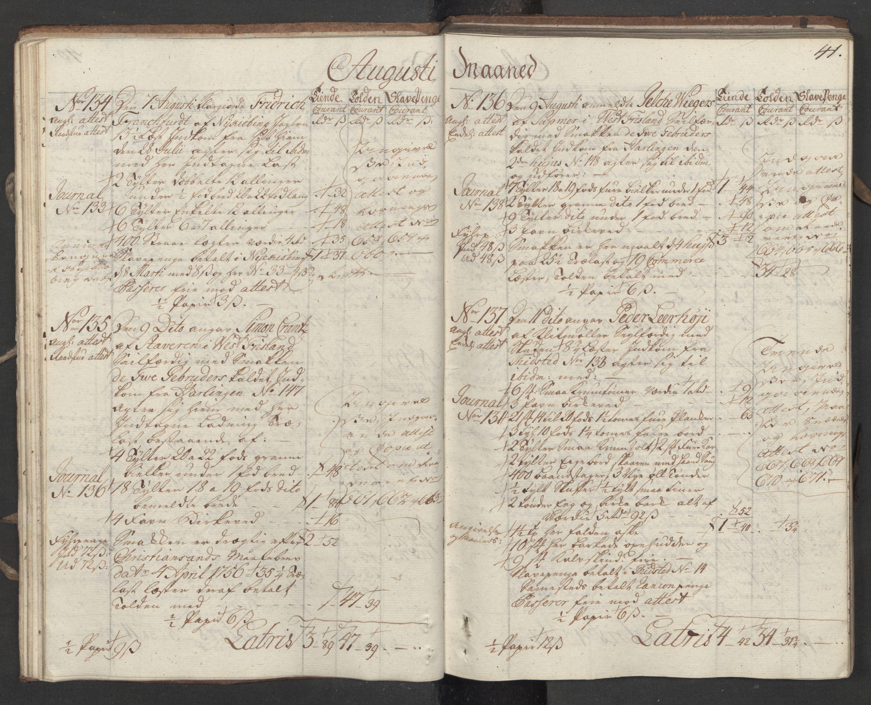 Generaltollkammeret, tollregnskaper, AV/RA-EA-5490/R16/L0034/0001: Tollregnskaper Kristiansand / Utgående hovedtollbok, 1756, p. 40b-41a