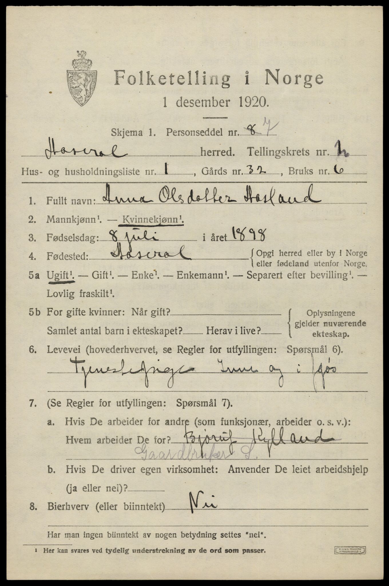 SAK, 1920 census for Åseral, 1920, p. 784