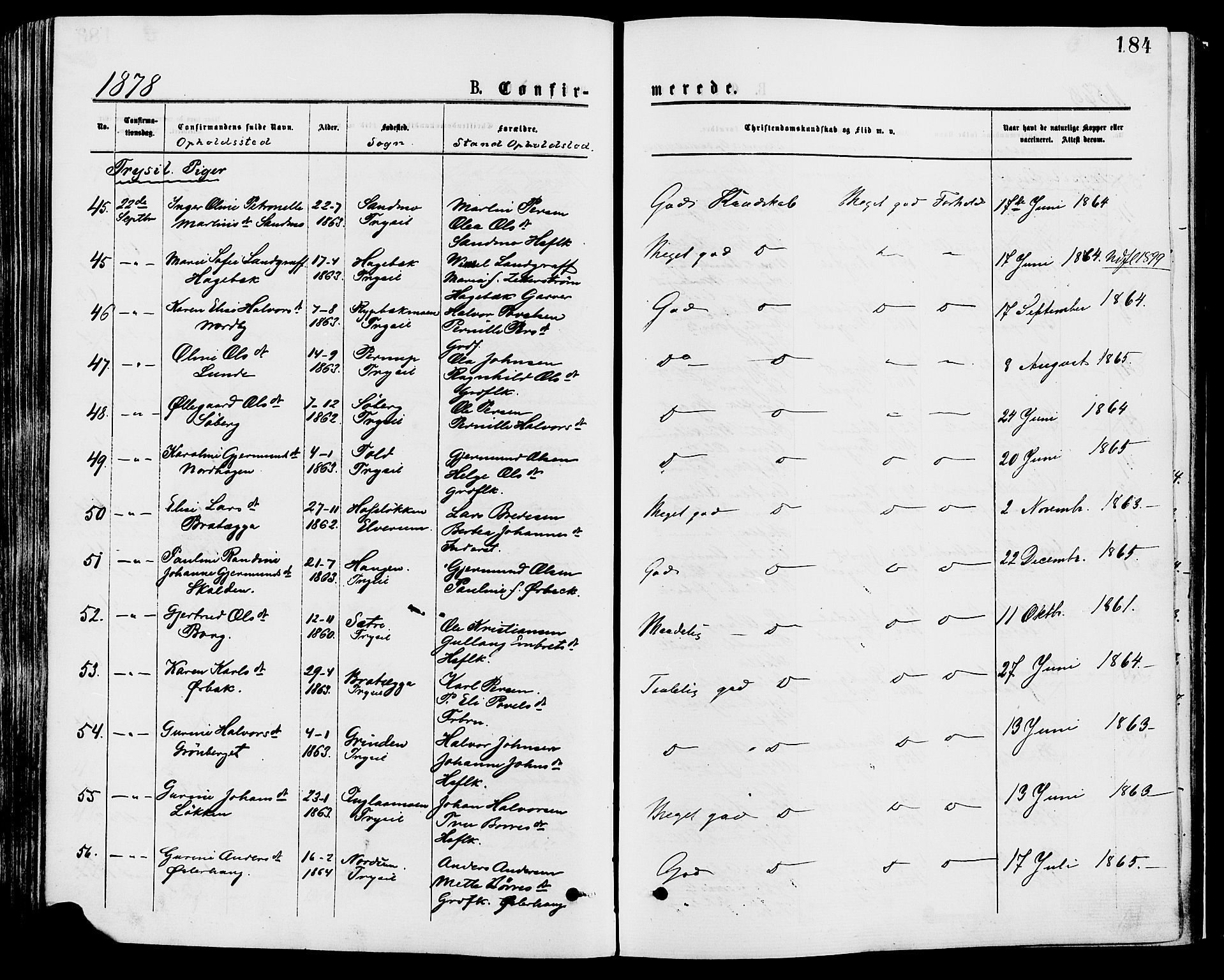 Trysil prestekontor, AV/SAH-PREST-046/H/Ha/Haa/L0007: Parish register (official) no. 7, 1874-1880, p. 184