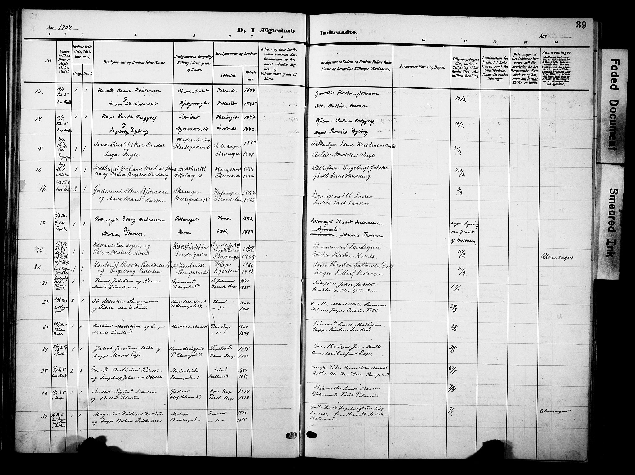 Domkirken sokneprestkontor, SAST/A-101812/001/30/30BB/L0017: Parish register (copy) no. B 17, 1902-1921, p. 39