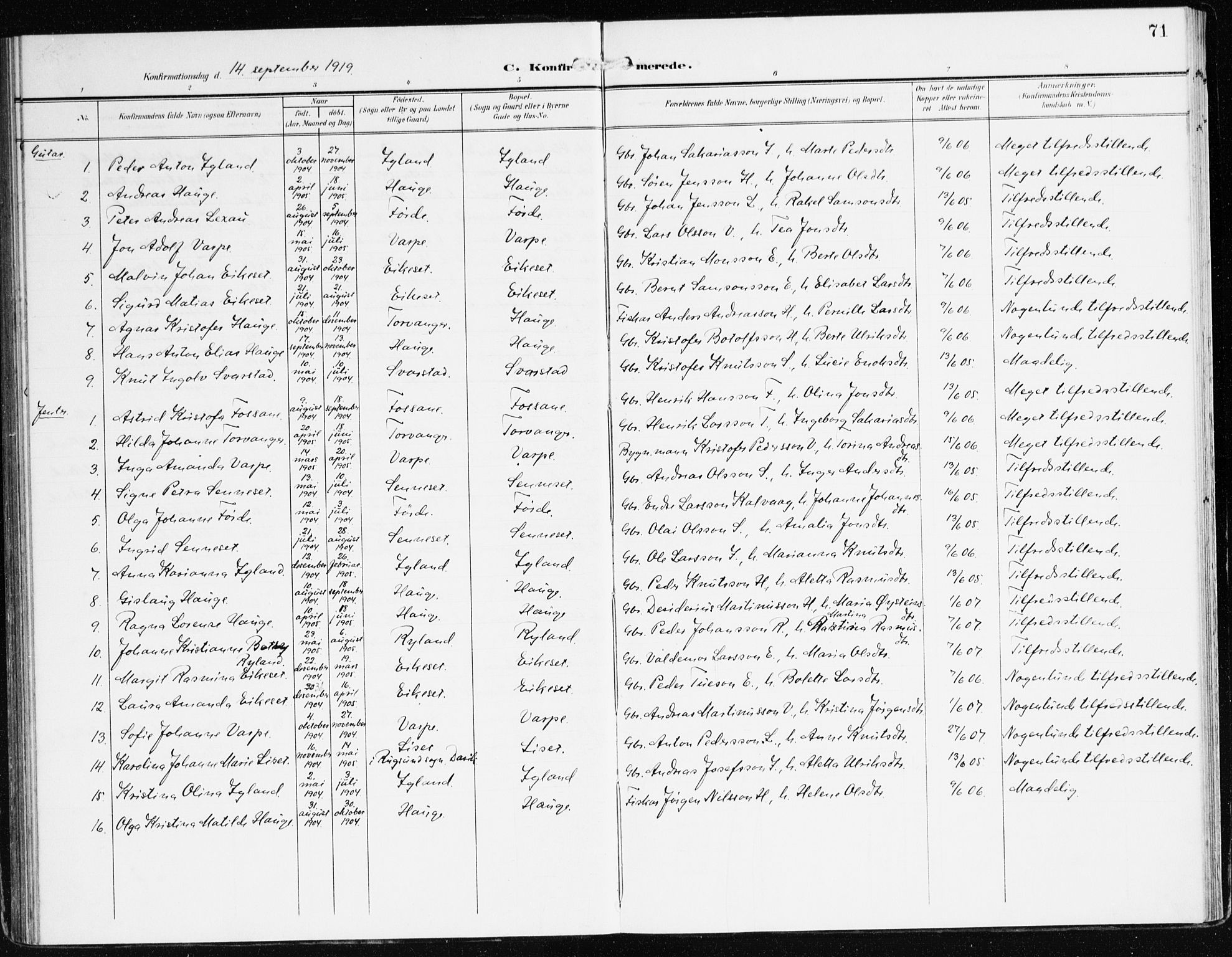 Bremanger sokneprestembete, SAB/A-82201/H/Haa/Haac/L0001: Parish register (official) no. C 1, 1908-1921, p. 71