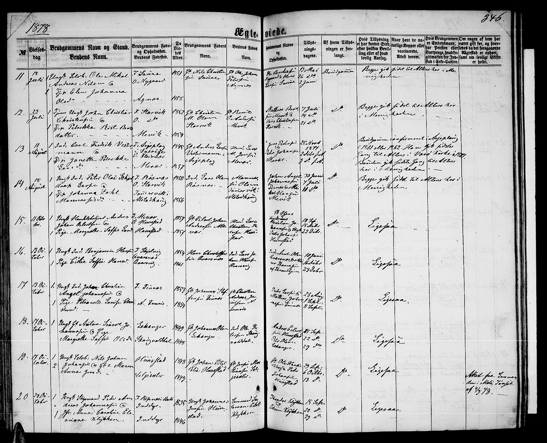 Ministerialprotokoller, klokkerbøker og fødselsregistre - Nordland, AV/SAT-A-1459/805/L0107: Parish register (copy) no. 805C03, 1862-1885, p. 346