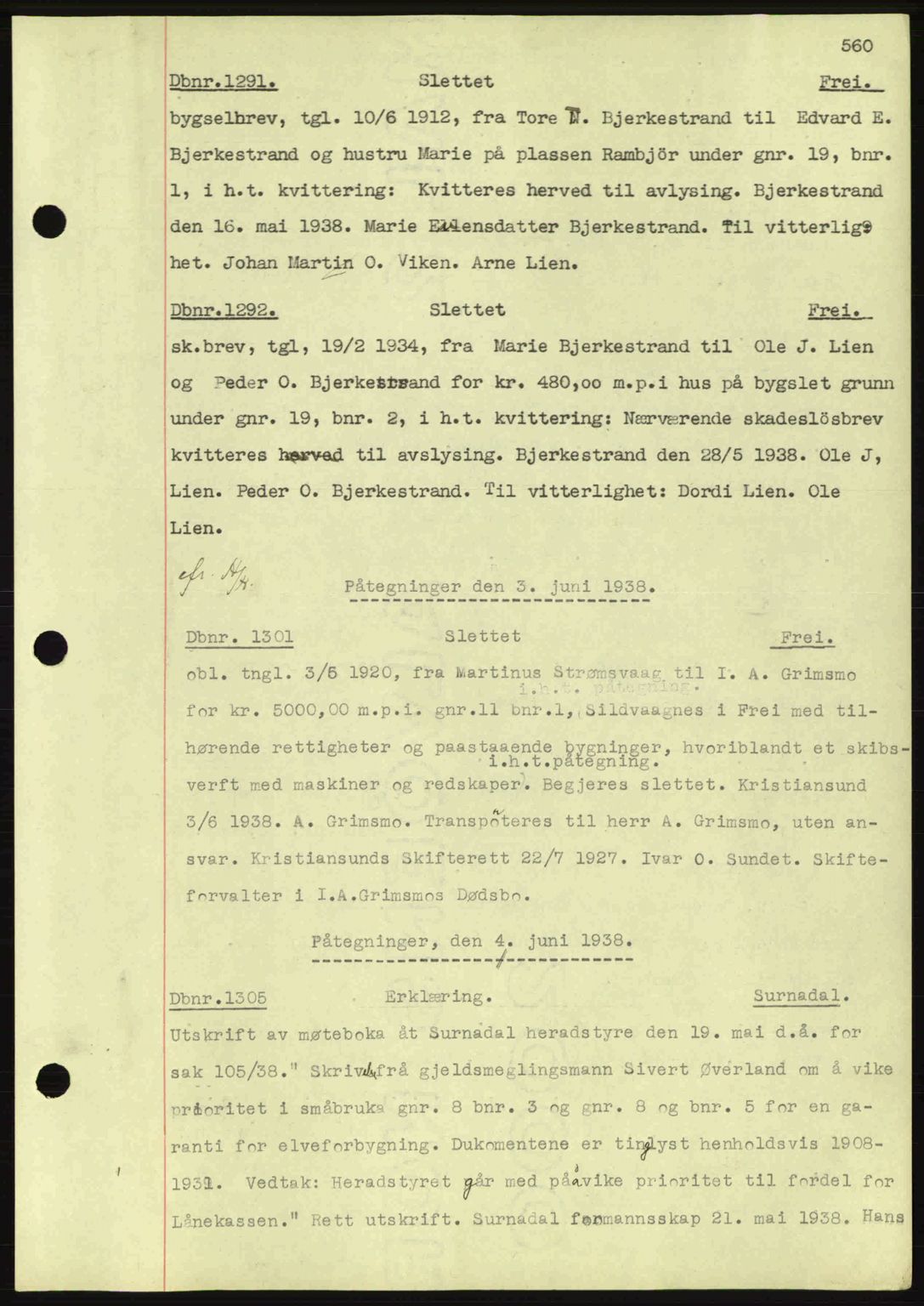 Nordmøre sorenskriveri, AV/SAT-A-4132/1/2/2Ca: Mortgage book no. C80, 1936-1939, Diary no: : 1291/1938