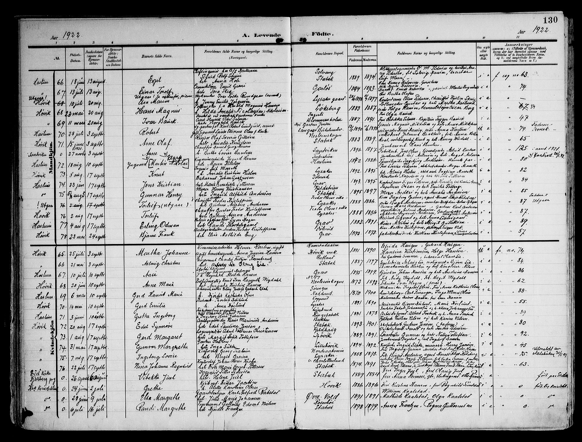 Østre Bærum prestekontor Kirkebøker, AV/SAO-A-10887/F/Fa/L0001: Parish register (official) no. 1, 1905-1924, p. 130