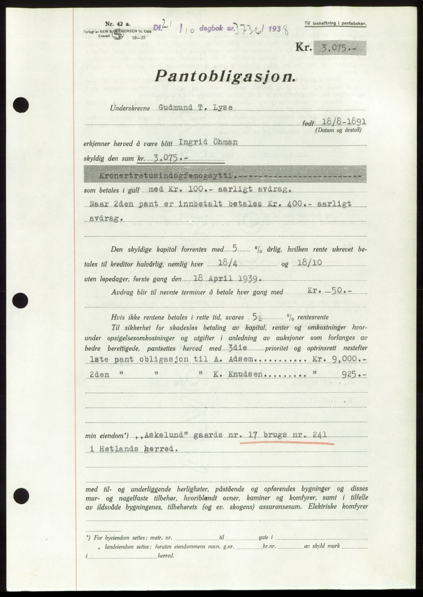 Jæren sorenskriveri, SAST/A-100310/03/G/Gba/L0072: Mortgage book, 1938-1938, Diary no: : 3736/1938