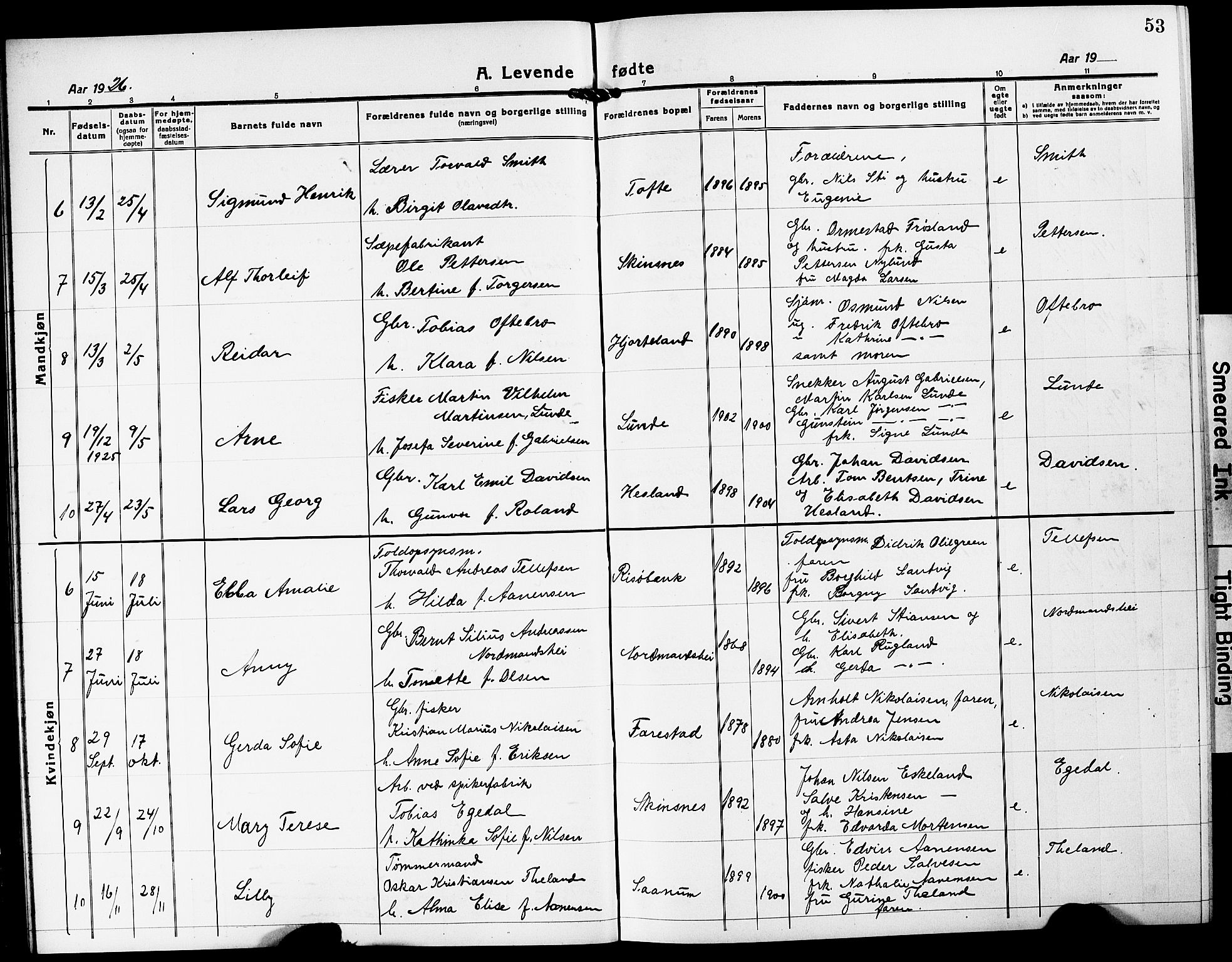 Mandal sokneprestkontor, SAK/1111-0030/F/Fb/Fba/L0013: Parish register (copy) no. B 7, 1918-1931, p. 53