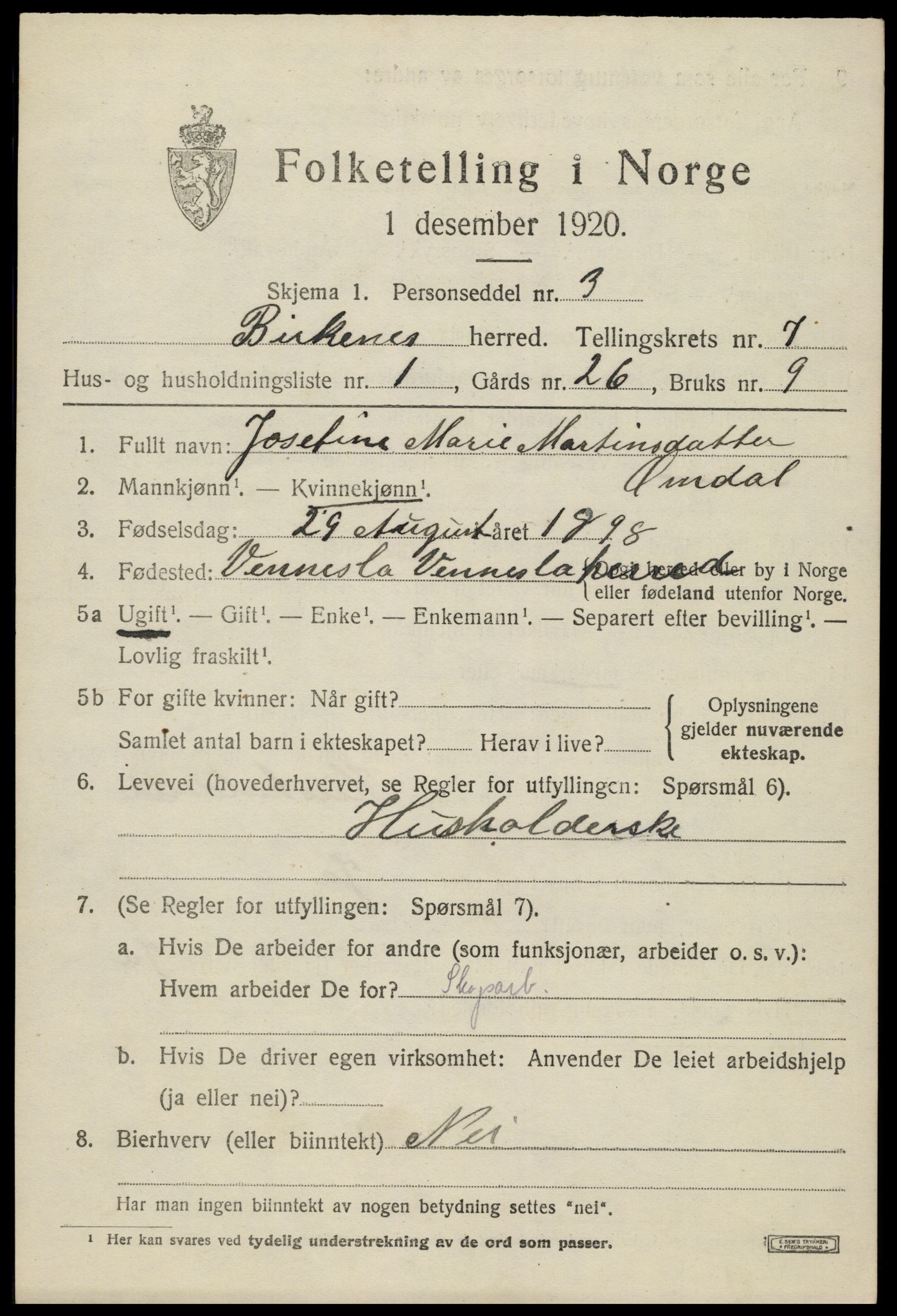 SAK, 1920 census for Birkenes, 1920, p. 4005