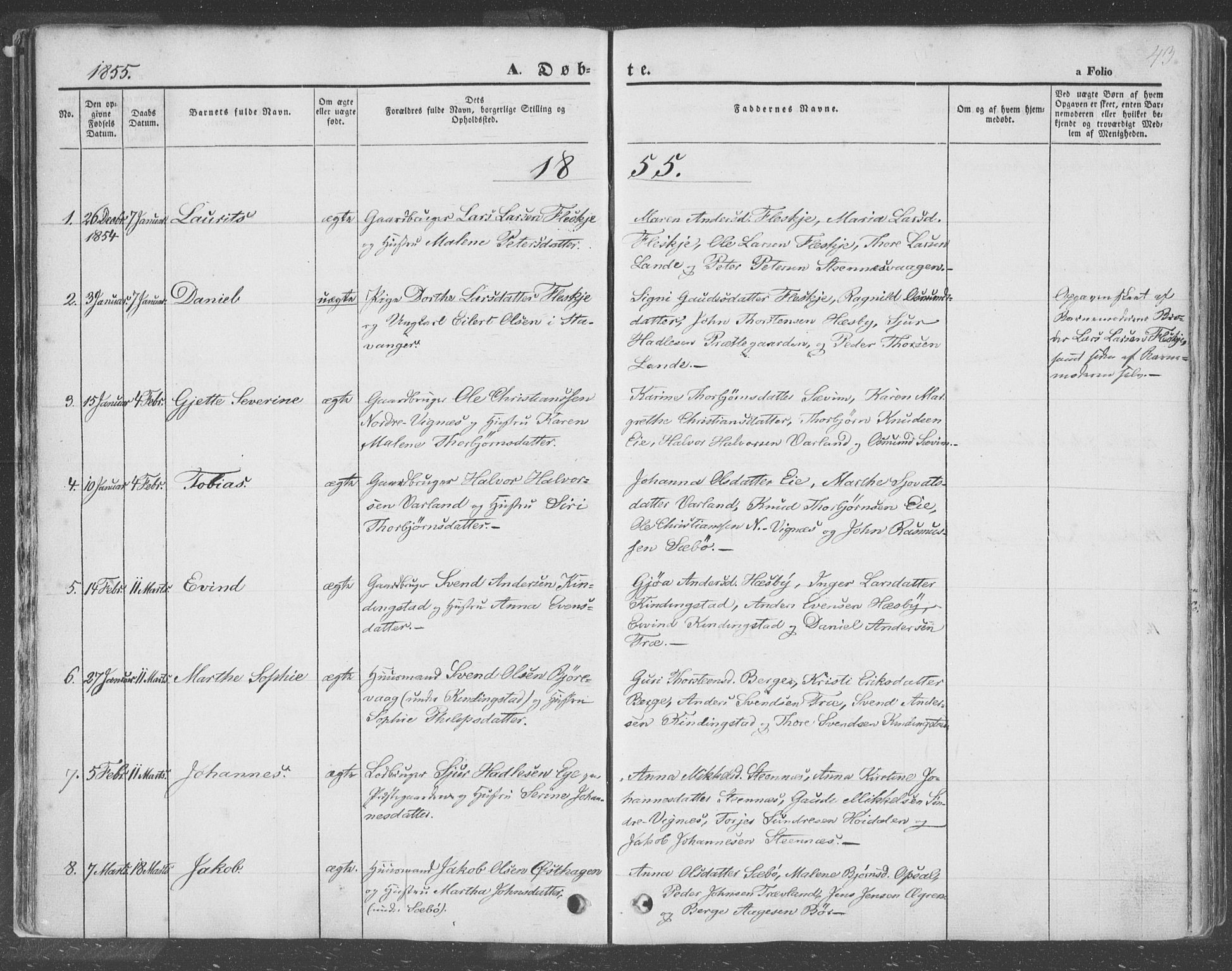 Finnøy sokneprestkontor, SAST/A-101825/H/Ha/Haa/L0007: Parish register (official) no. A 7, 1847-1862, p. 43