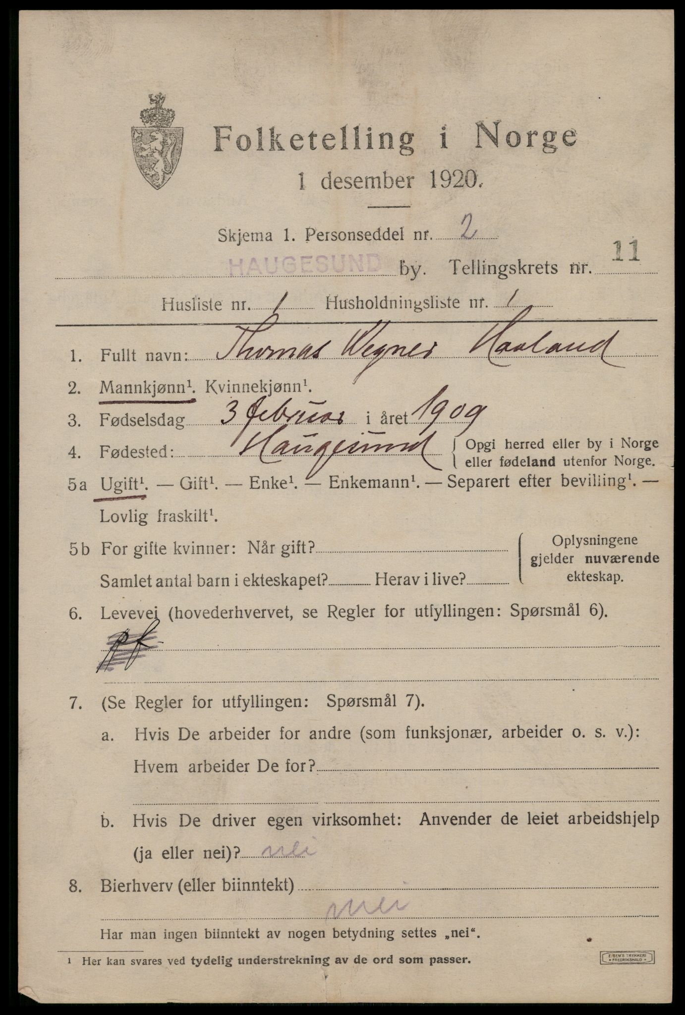 SAST, 1920 census for Haugesund, 1920, p. 36513