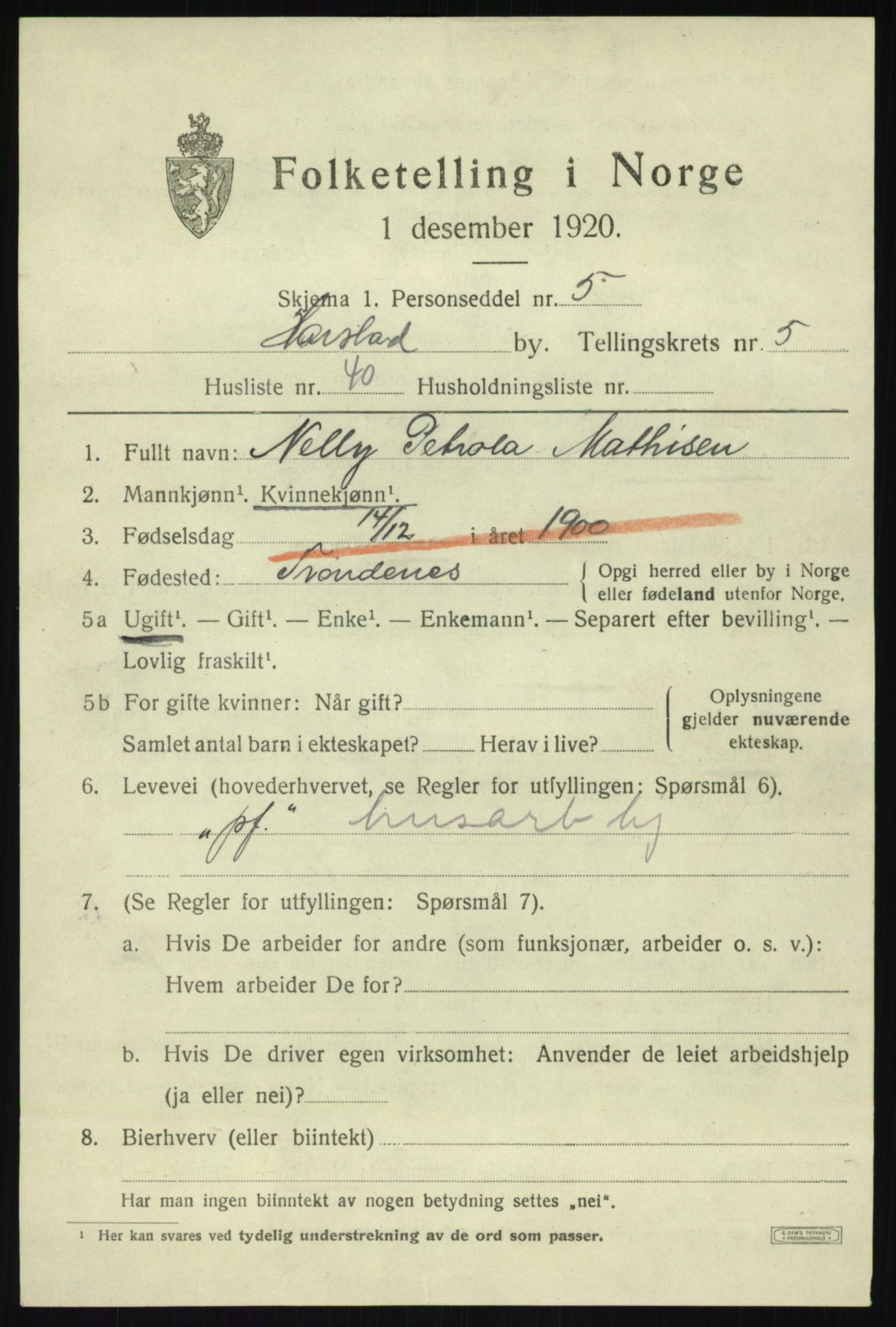 SATØ, 1920 census for Harstad, 1920, p. 7402