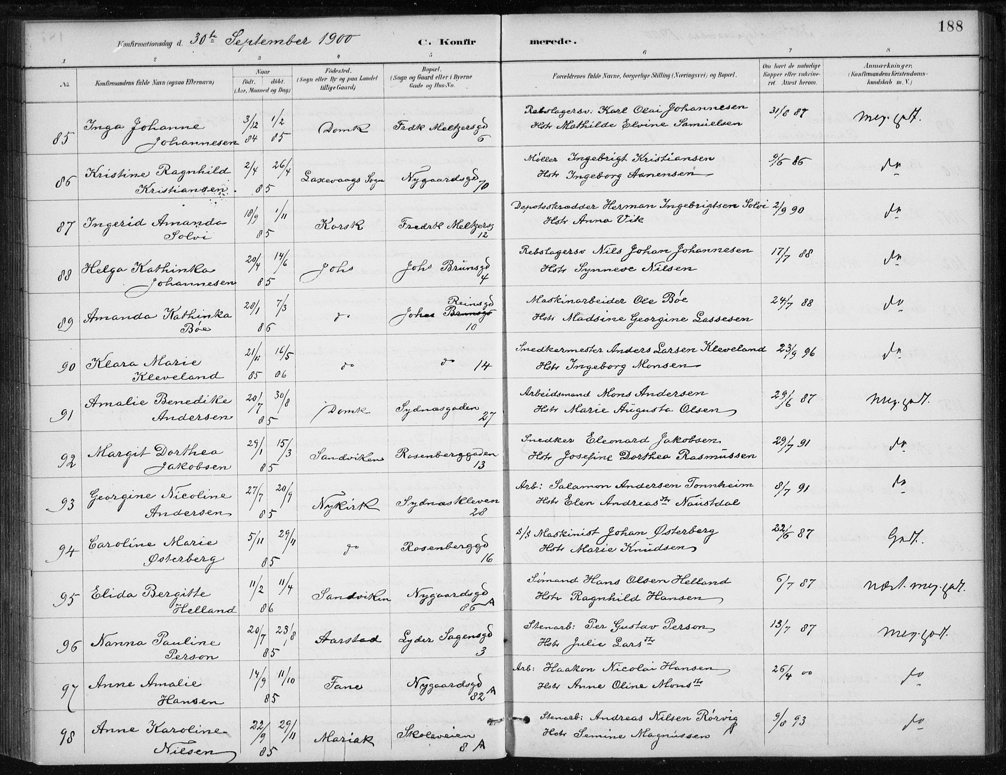 Johanneskirken sokneprestembete, AV/SAB-A-76001/H/Haa/L0008: Parish register (official) no. C 1, 1885-1907, p. 188