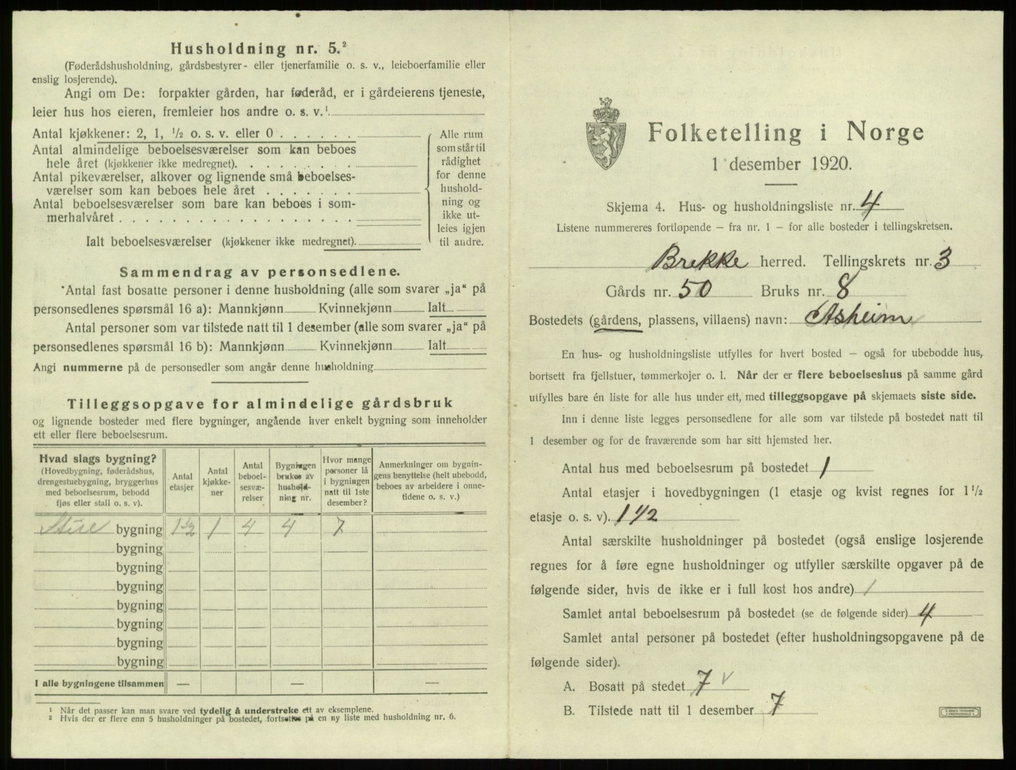 SAB, 1920 census for Brekke, 1920, p. 101