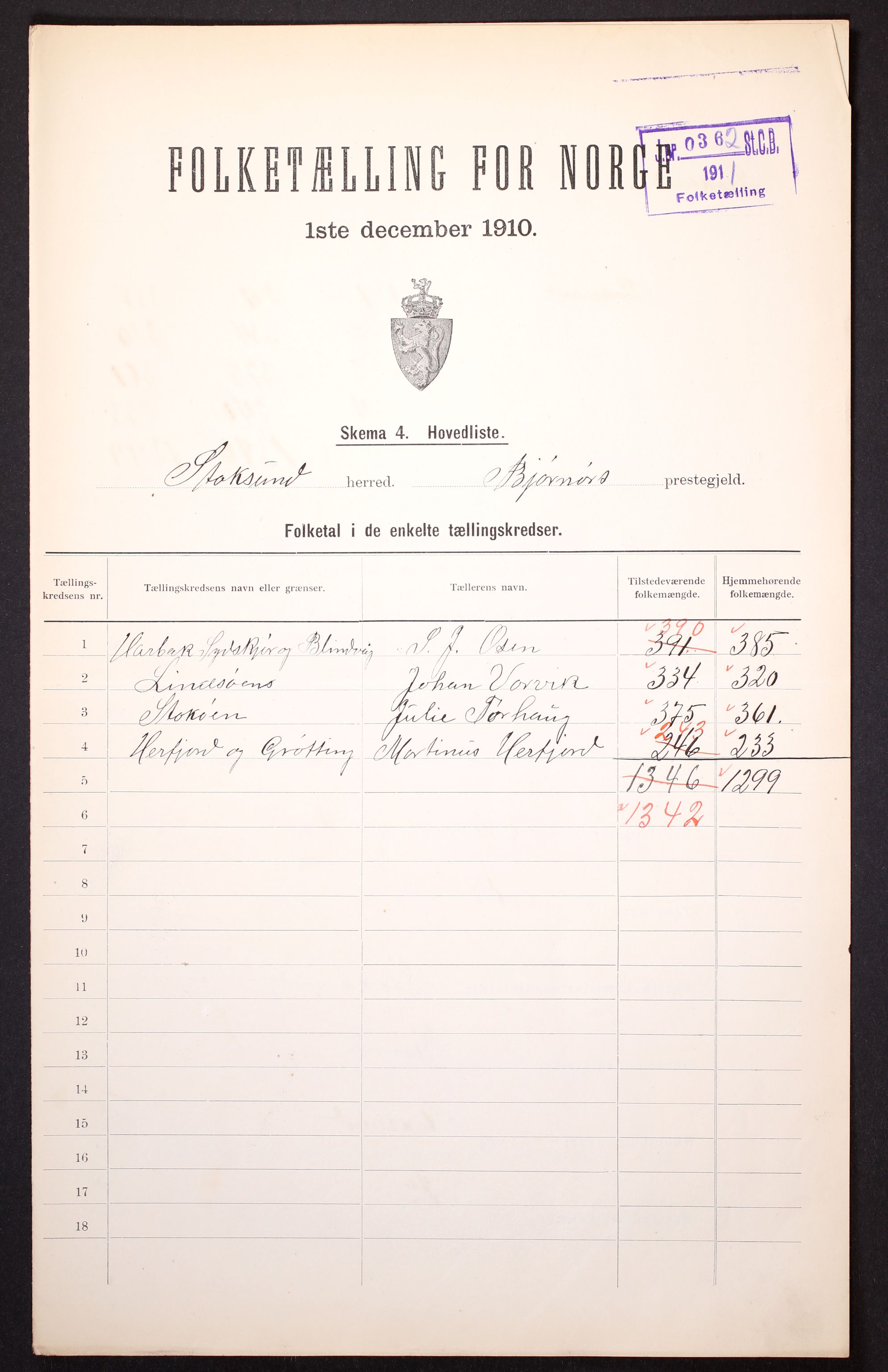 RA, 1910 census for Stoksund, 1910, p. 2