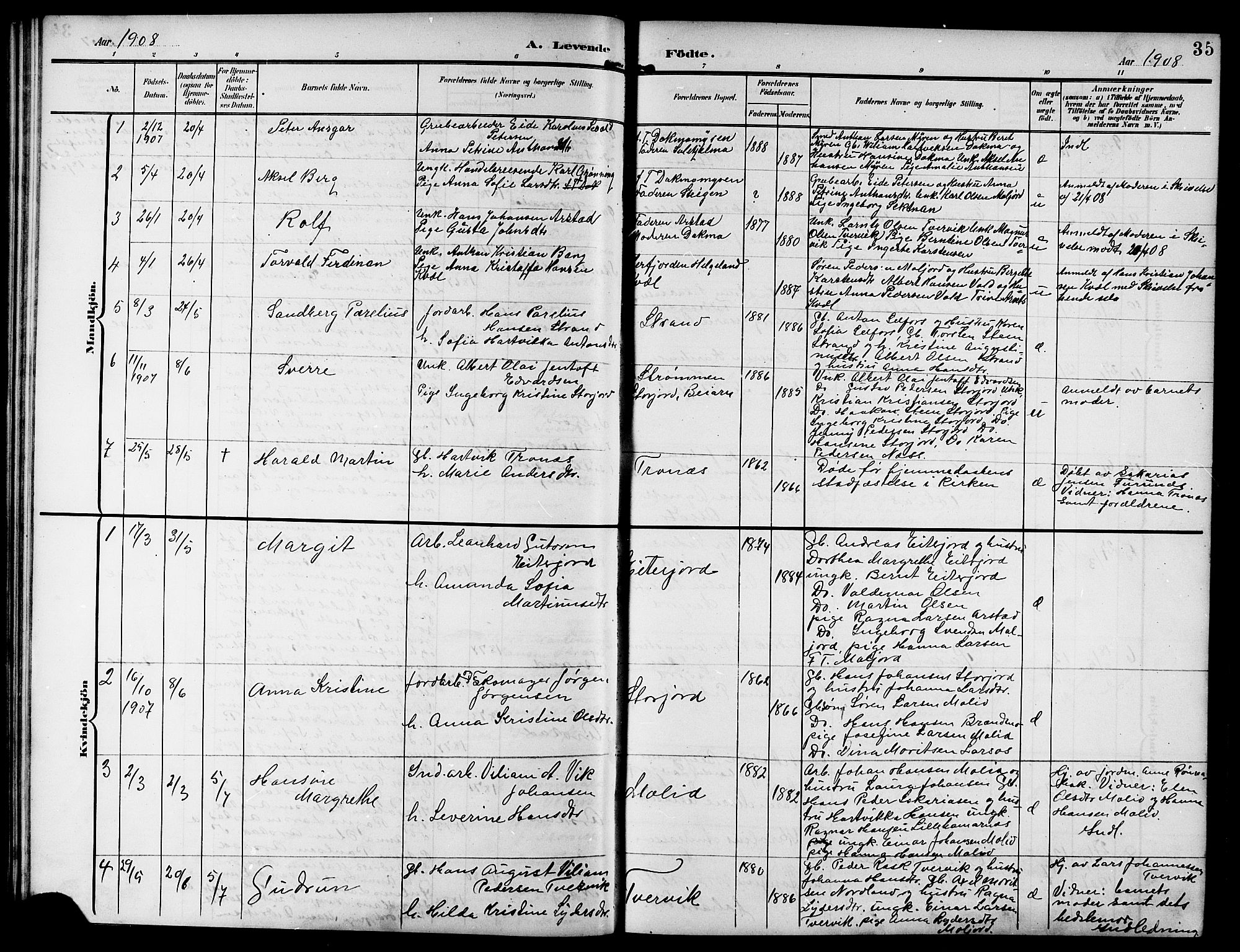 Ministerialprotokoller, klokkerbøker og fødselsregistre - Nordland, SAT/A-1459/846/L0655: Parish register (copy) no. 846C05, 1902-1916, p. 35