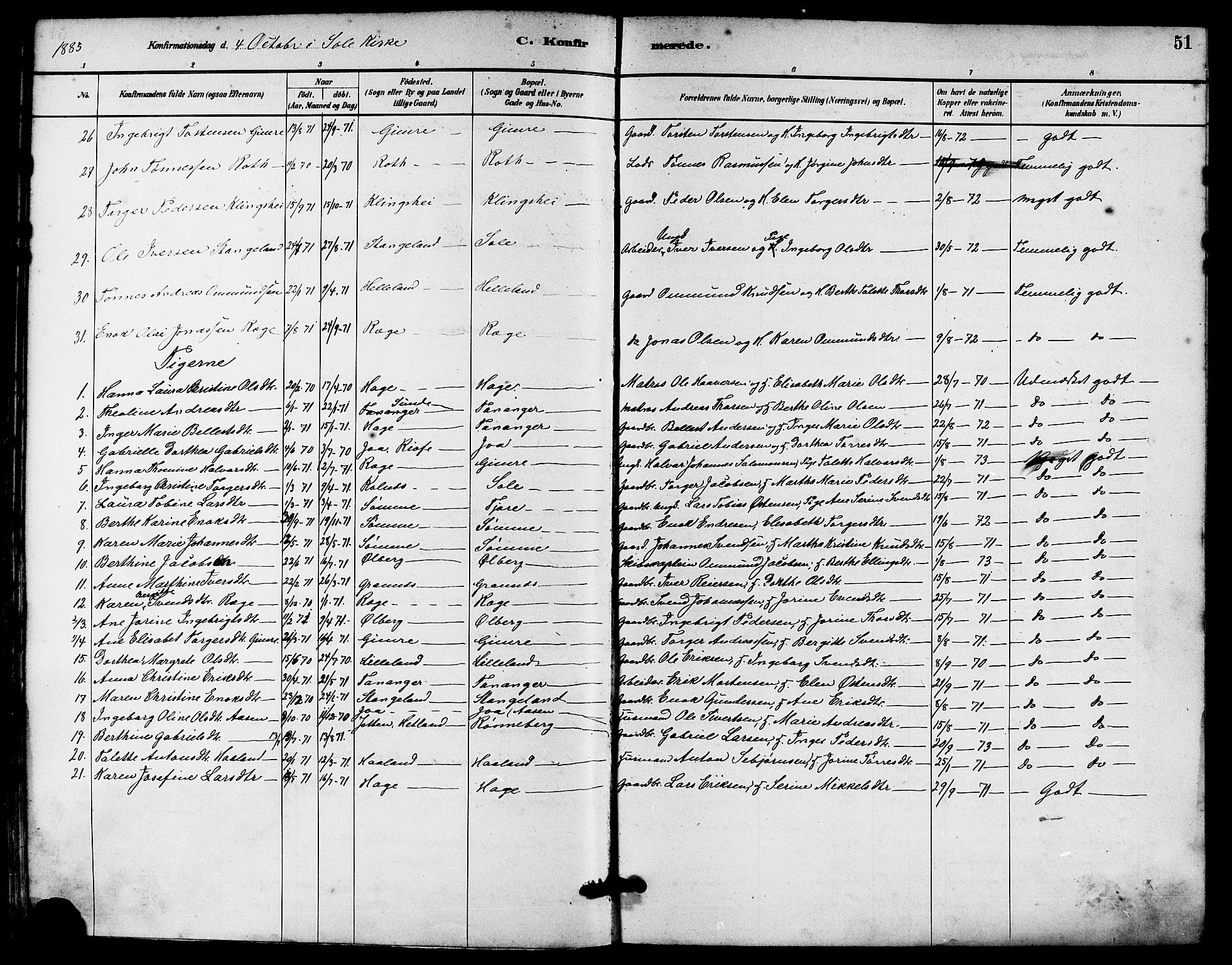 Håland sokneprestkontor, AV/SAST-A-101802/001/30BA/L0010: Parish register (official) no. A 9, 1883-1888, p. 51