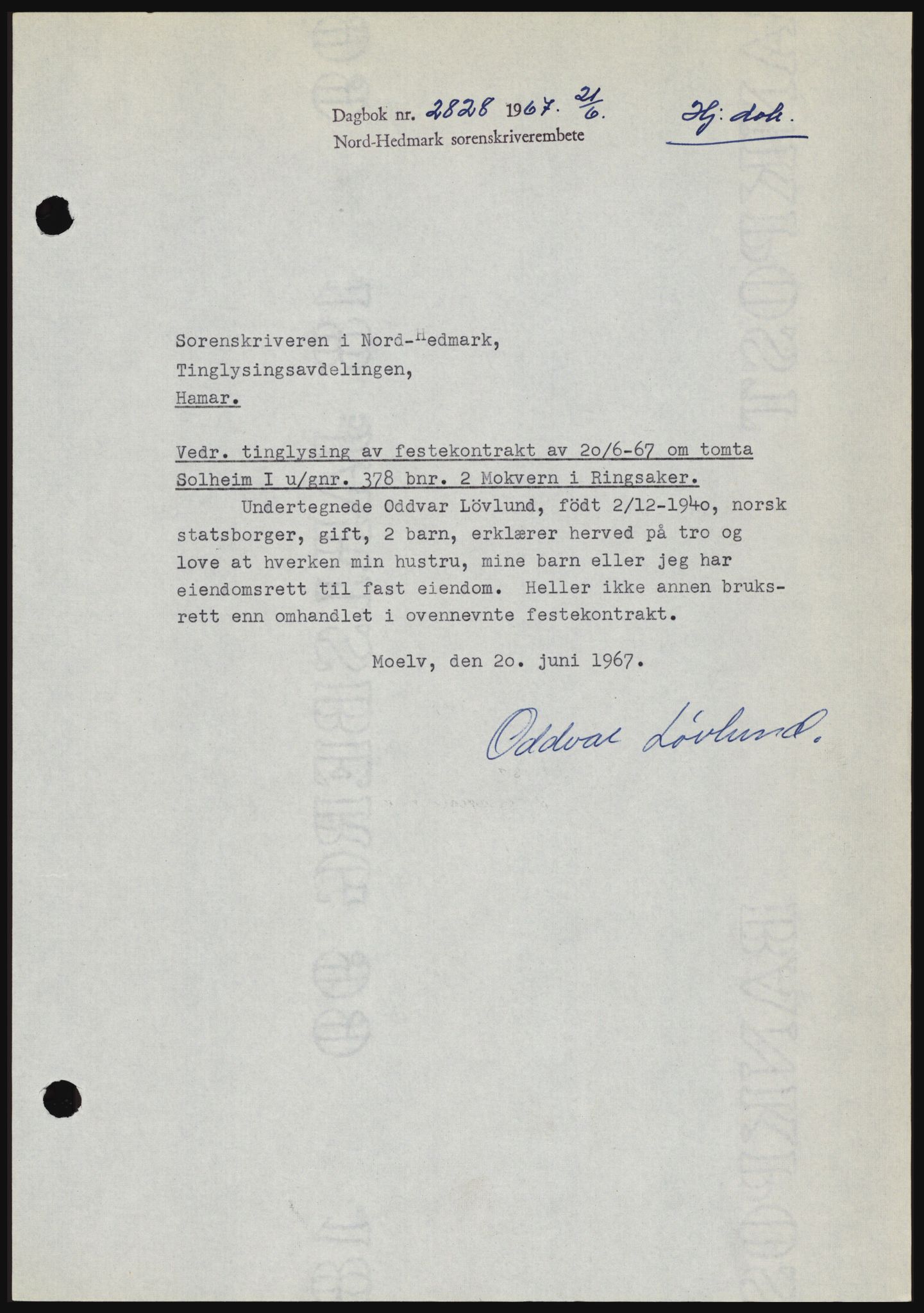 Nord-Hedmark sorenskriveri, SAH/TING-012/H/Hc/L0026: Mortgage book no. 26, 1967-1967, Diary no: : 2828/1967