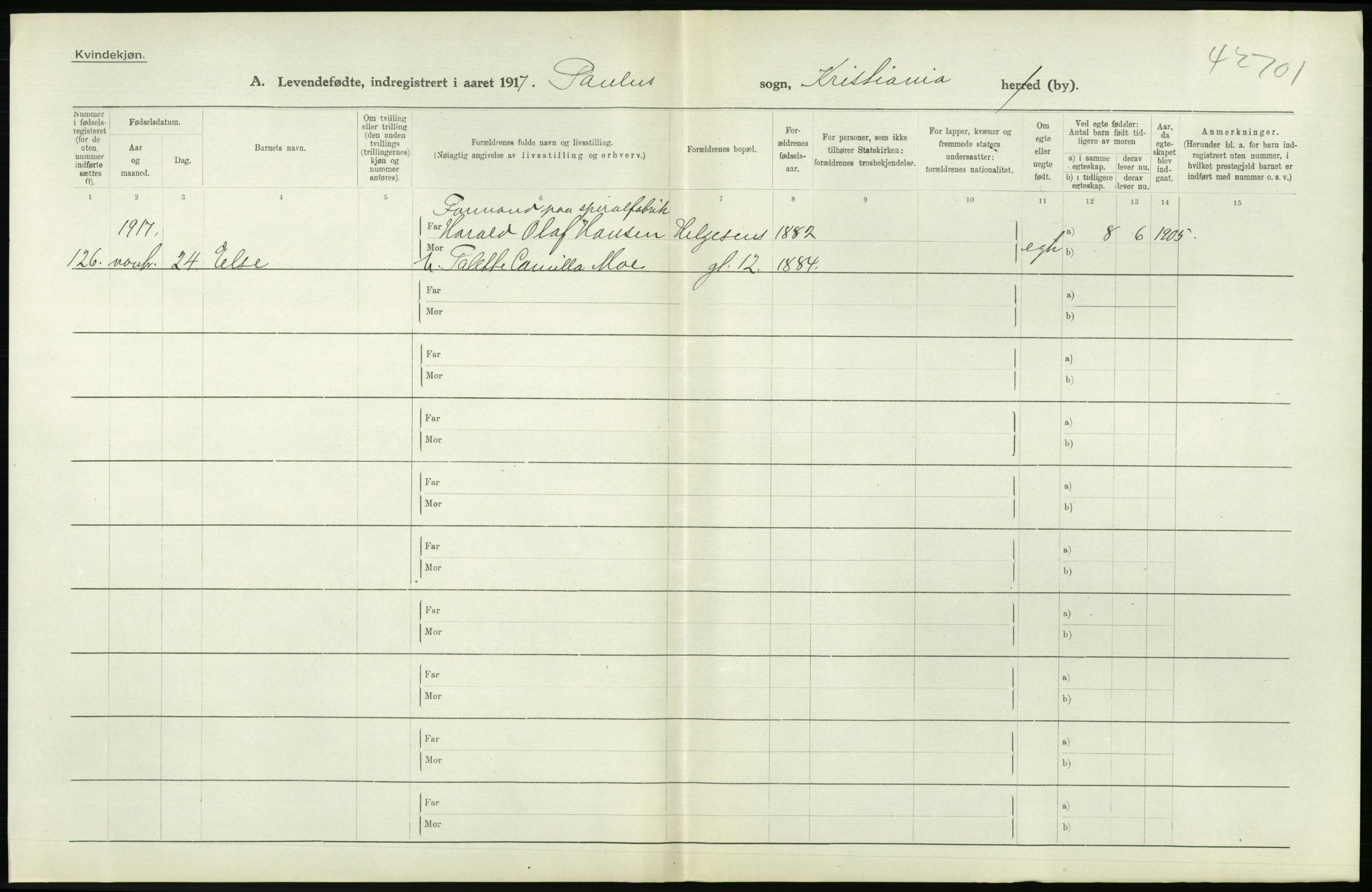 Statistisk sentralbyrå, Sosiodemografiske emner, Befolkning, RA/S-2228/D/Df/Dfb/Dfbg/L0006: Kristiania: Levendefødte menn og kvinner., 1917, p. 734