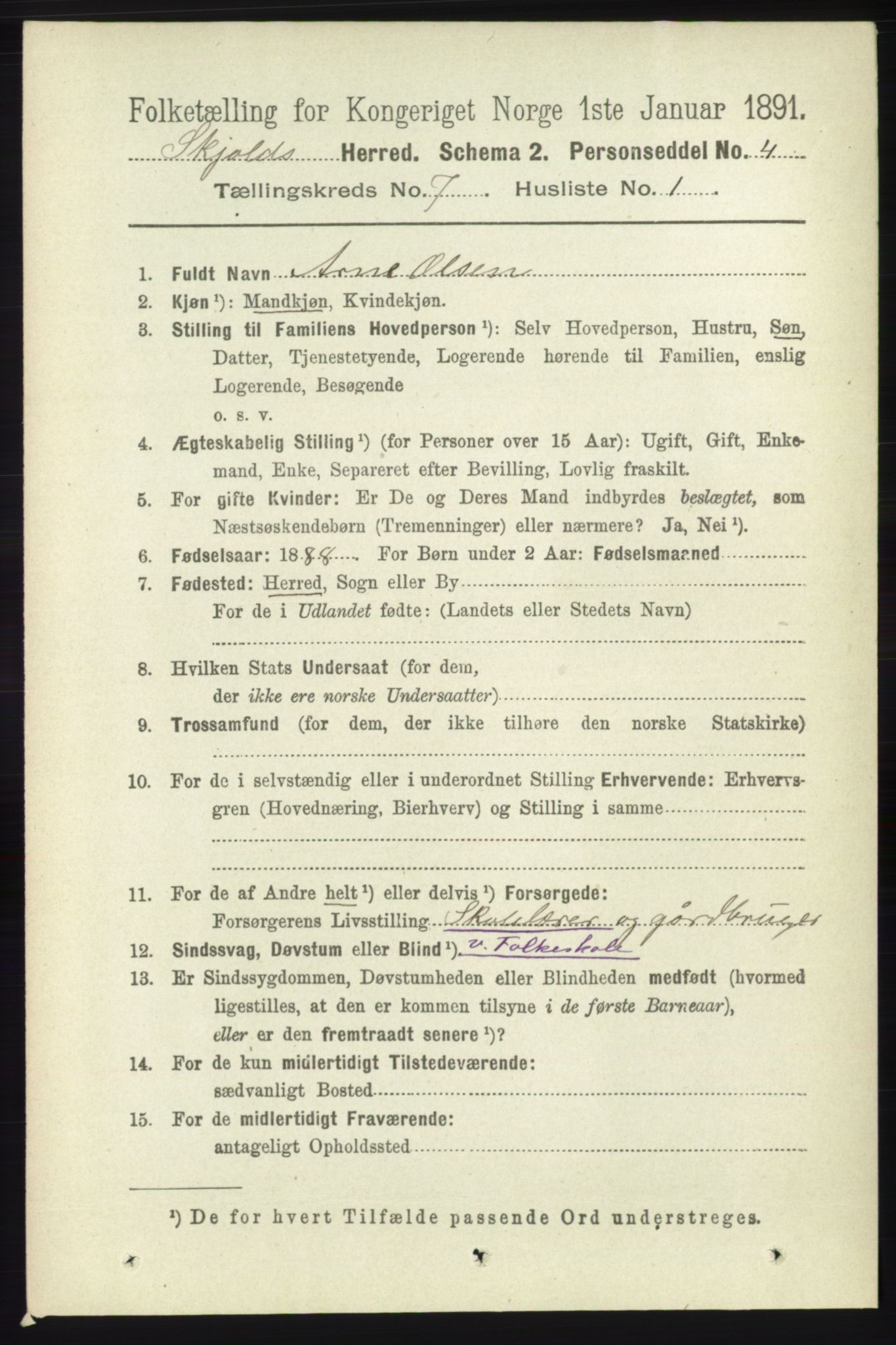 RA, 1891 census for 1154 Skjold, 1891, p. 1352