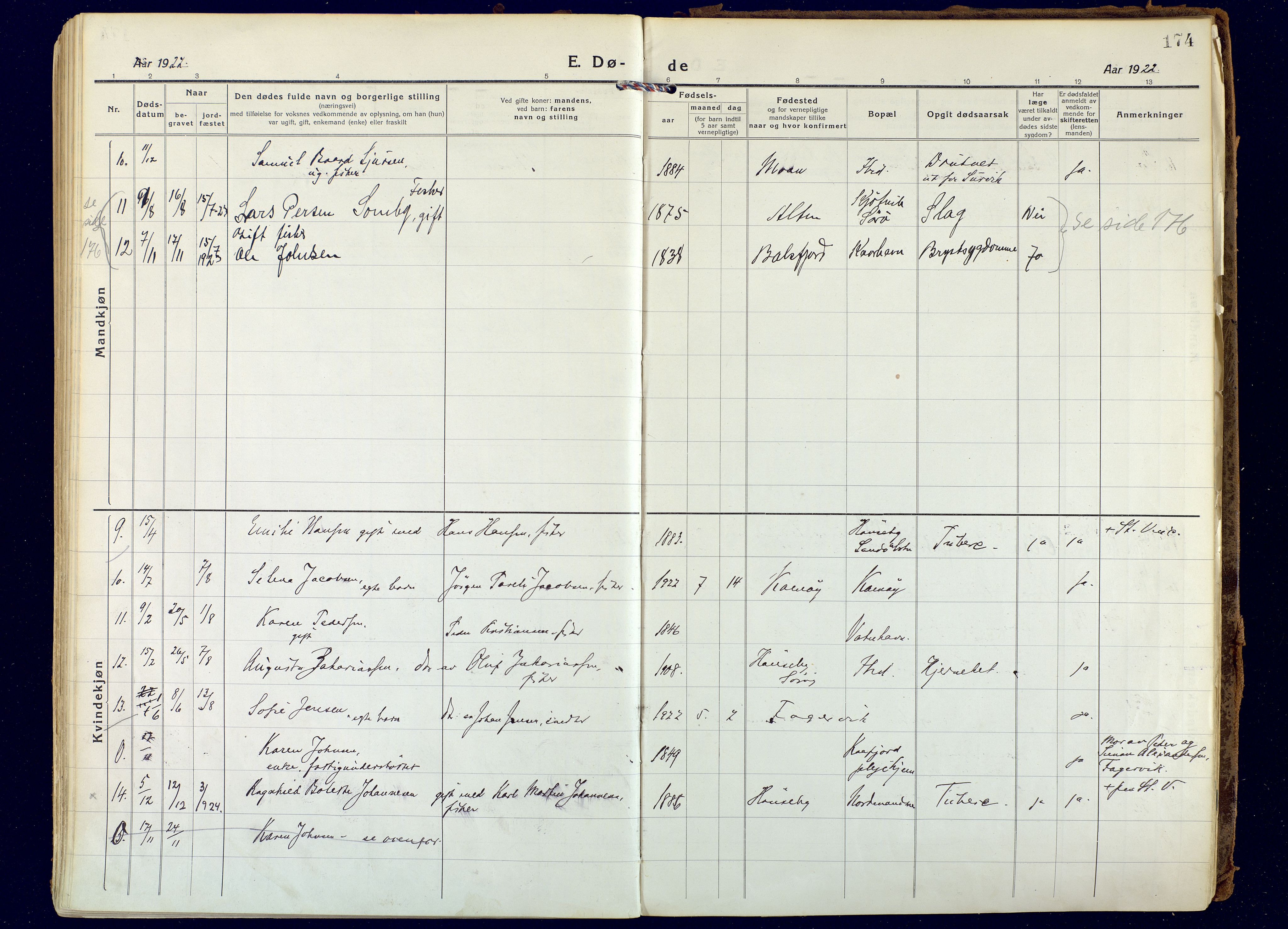 Hammerfest sokneprestkontor, AV/SATØ-S-1347/H/Ha/L0018.kirke: Parish register (official) no. 18, 1918-1933, p. 174