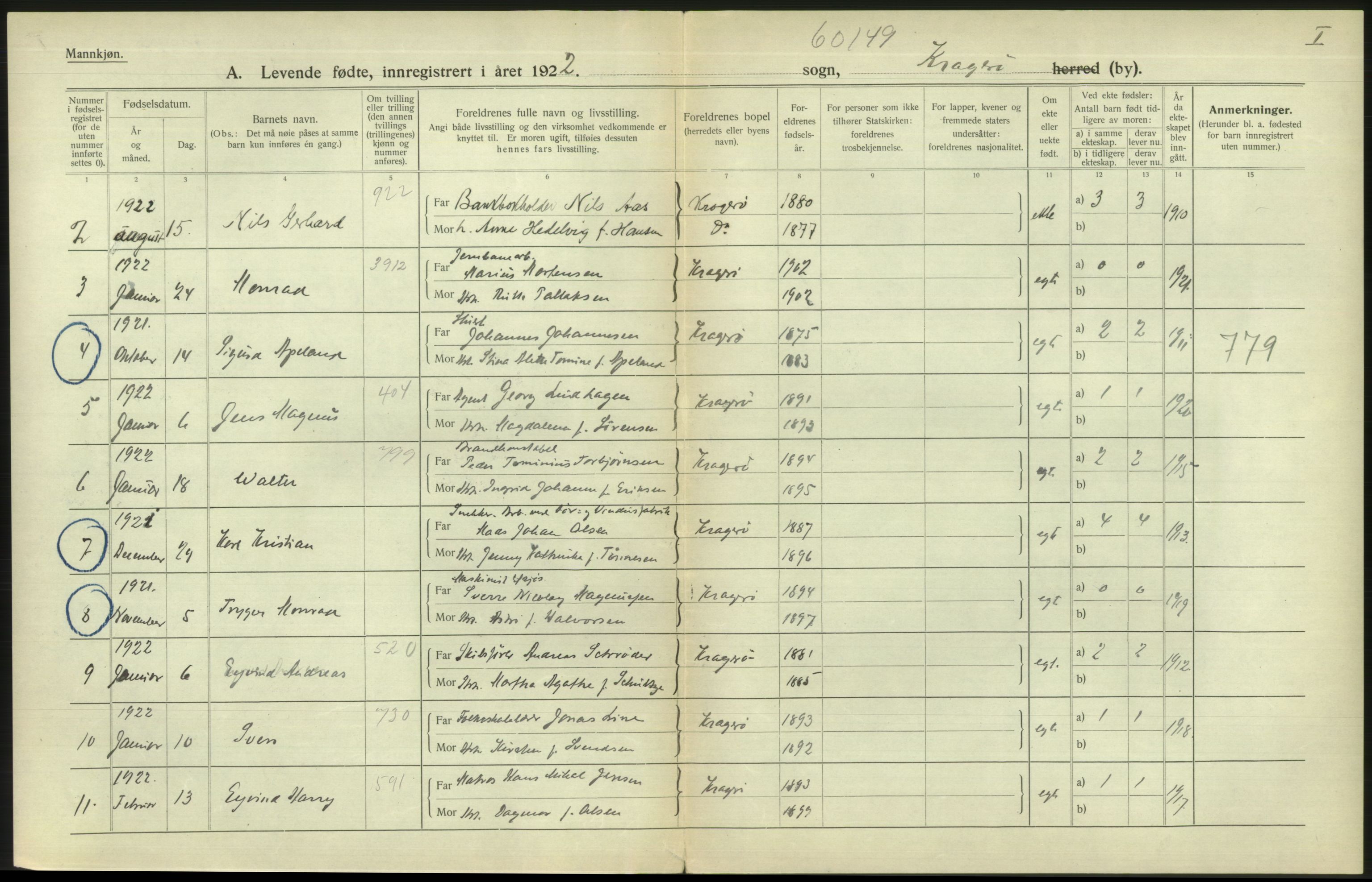 Statistisk sentralbyrå, Sosiodemografiske emner, Befolkning, AV/RA-S-2228/D/Df/Dfc/Dfcb/L0019: Telemark fylke: Levendefødte menn og kvinner. Bygder og byer., 1922, p. 534